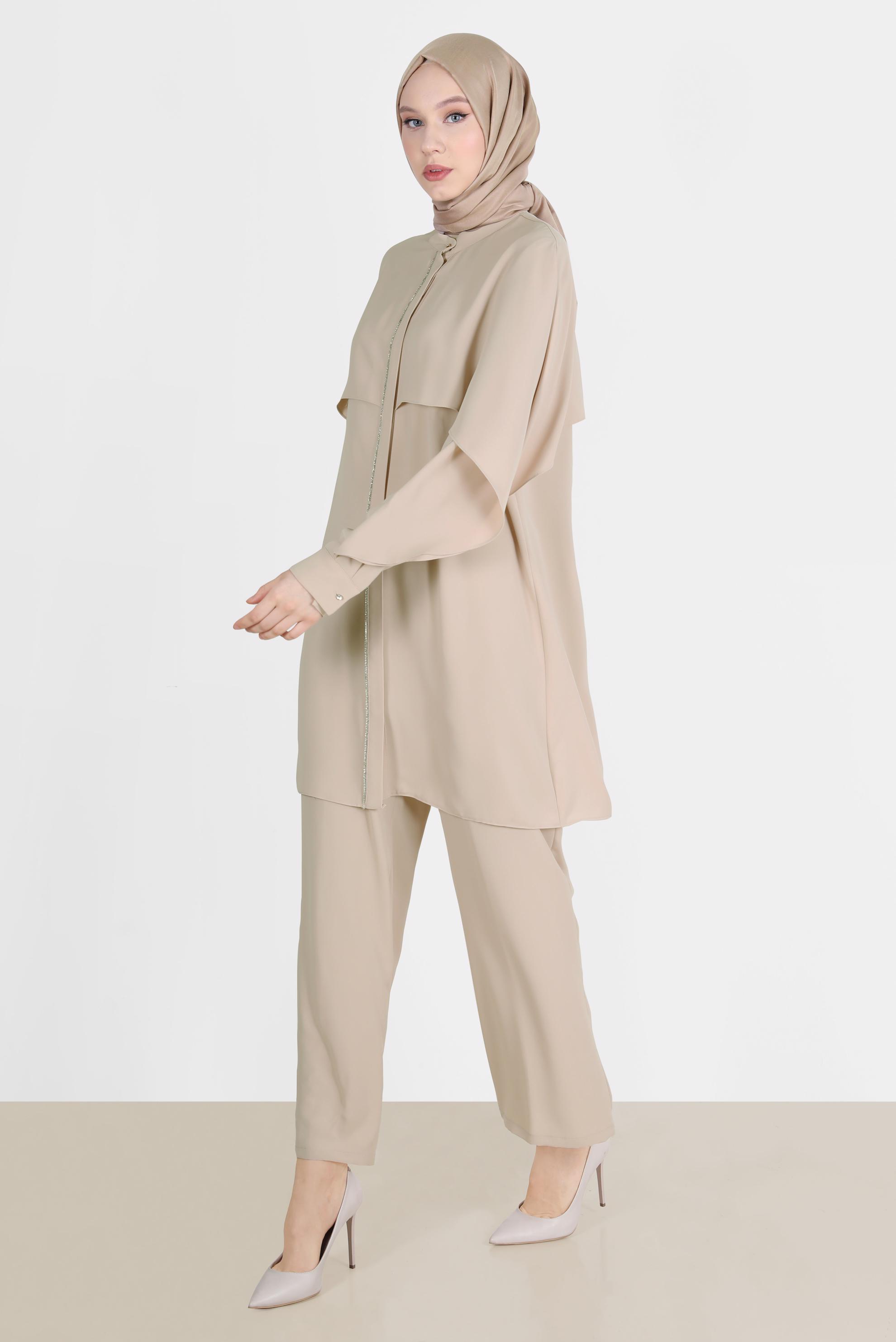 Tesettür giyim BEJ TAŞ ŞERİTLİ PANTOLONLU TAKIM 42511