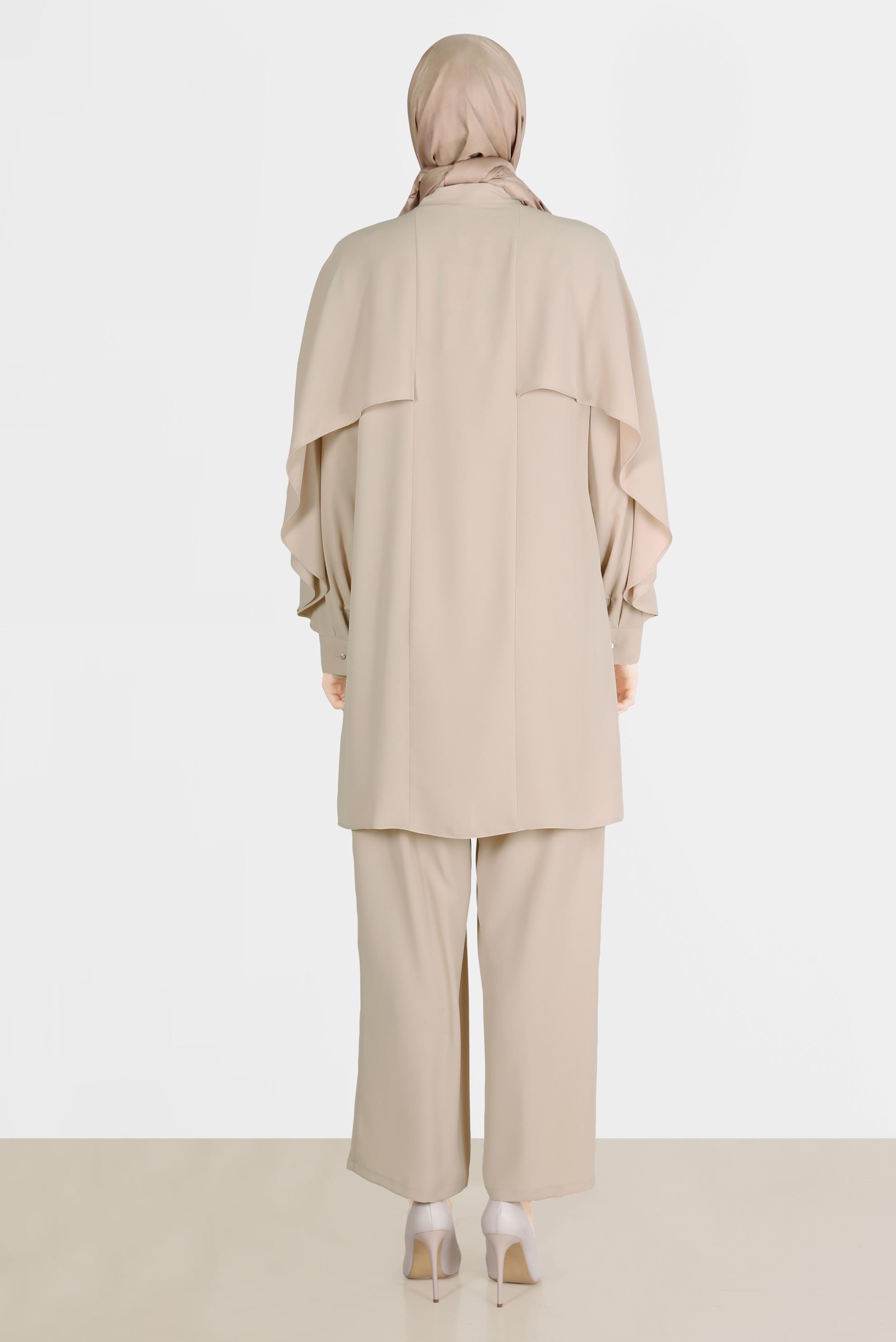 Tesettür giyim BEJ TAŞ ŞERİTLİ PANTOLONLU TAKIM 42511