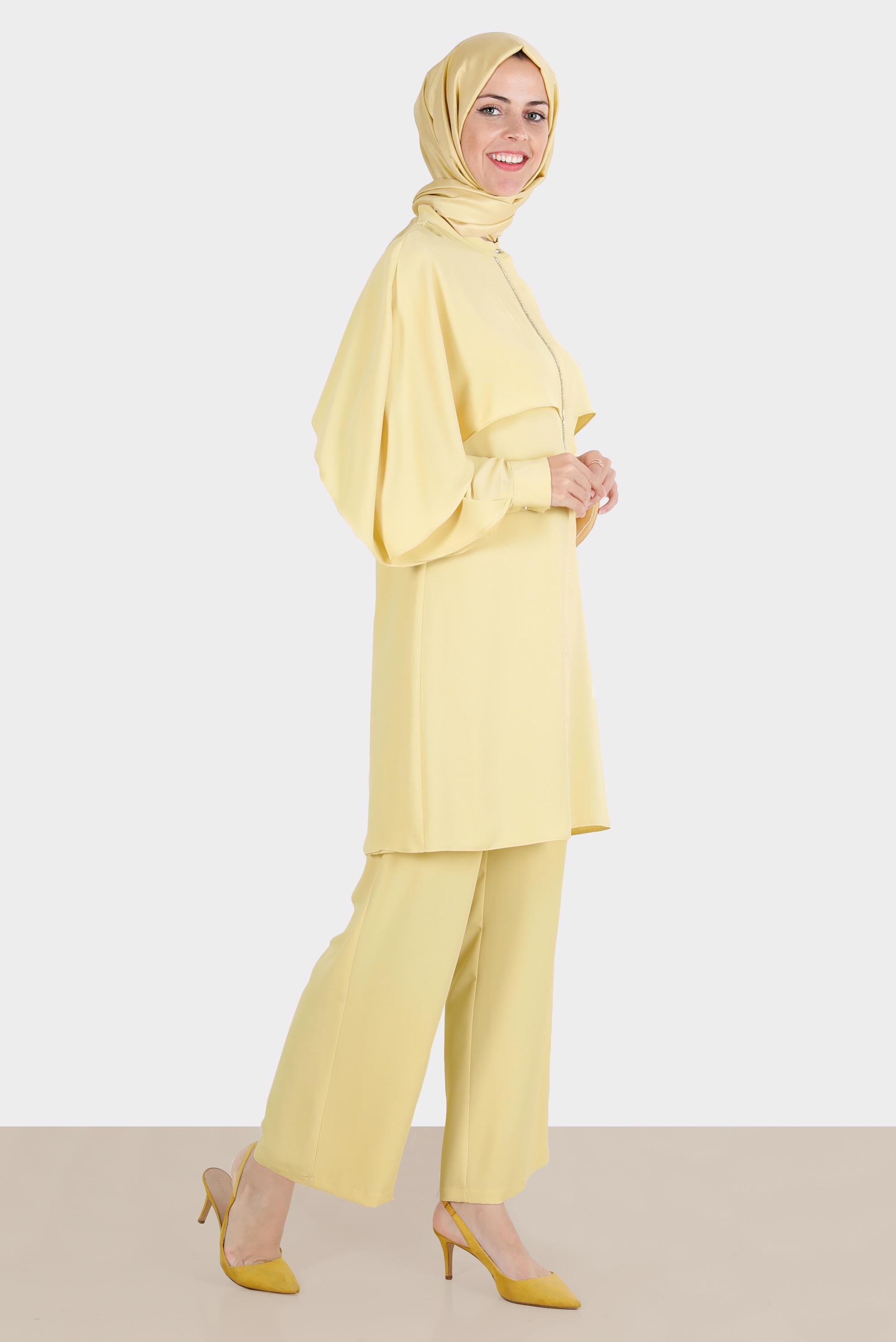 Tesettür giyim SARI TAŞ ŞERİTLİ PANTOLONLU TAKIM 42511