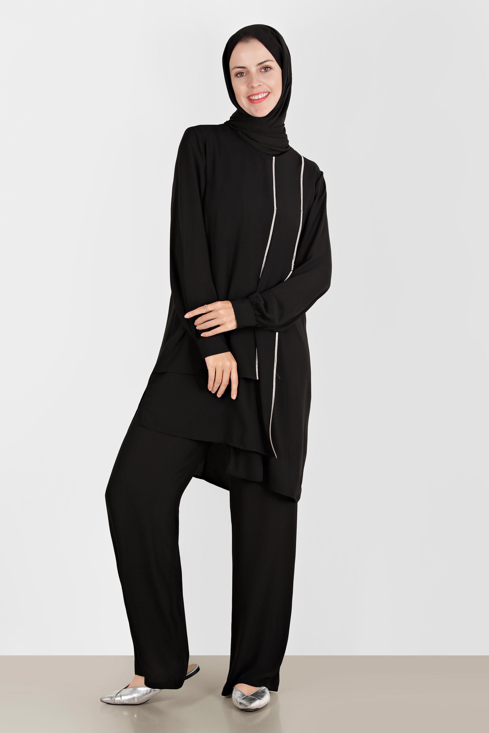 Tesettür giyim SİYAH TAŞLI İKİLİ PANTOLONLU TAKIM 42514 