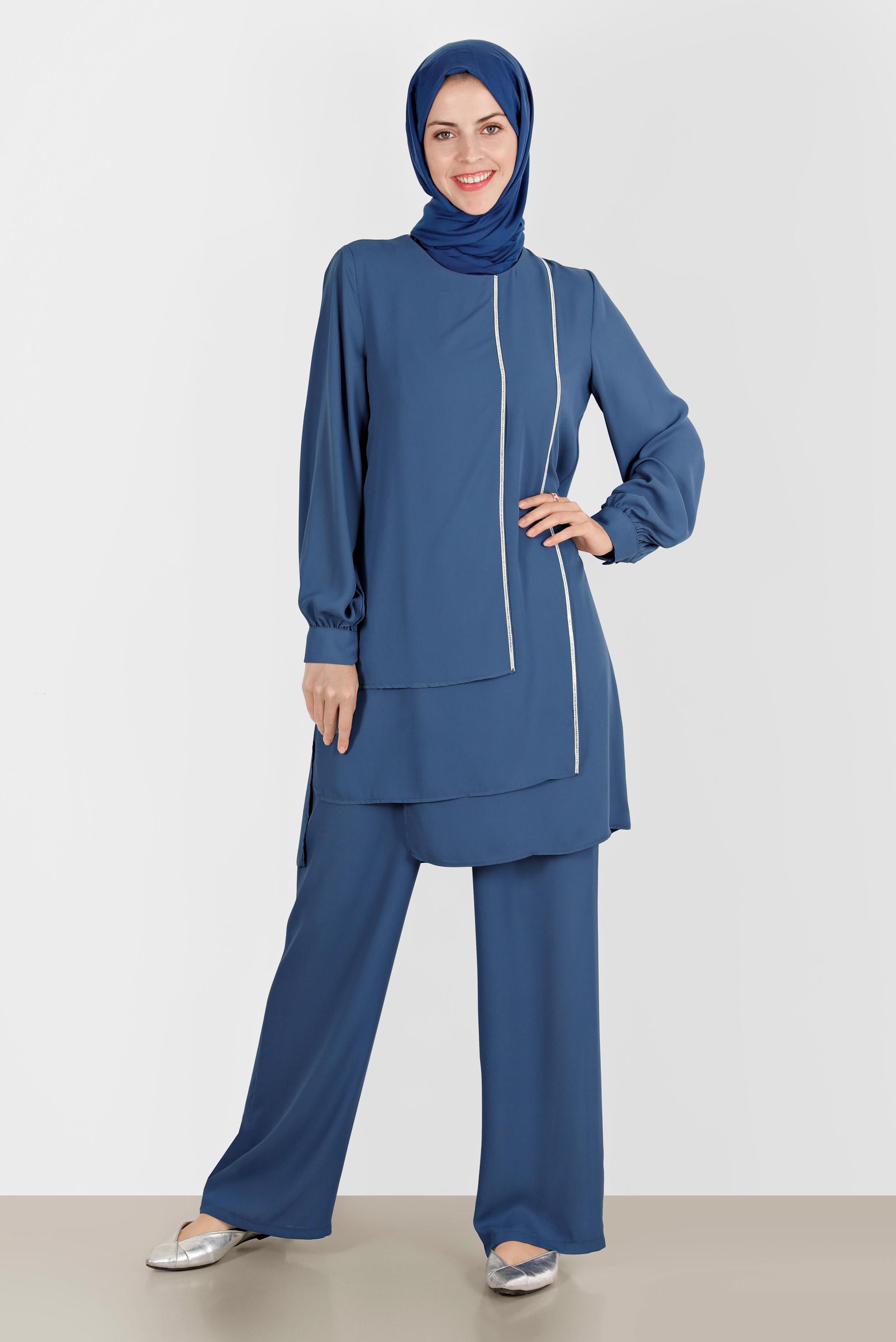Tesettür giyim LACİVERT TAŞLI İKİLİ PANTOLONLU TAKIM 42514 
