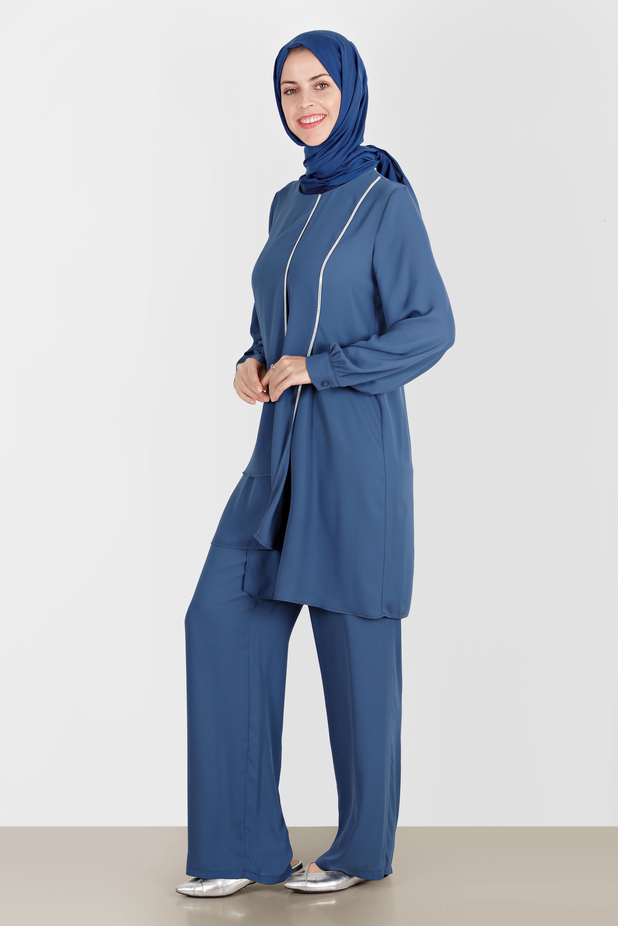 Tesettür giyim LACİVERT TAŞLI İKİLİ PANTOLONLU TAKIM 42514 