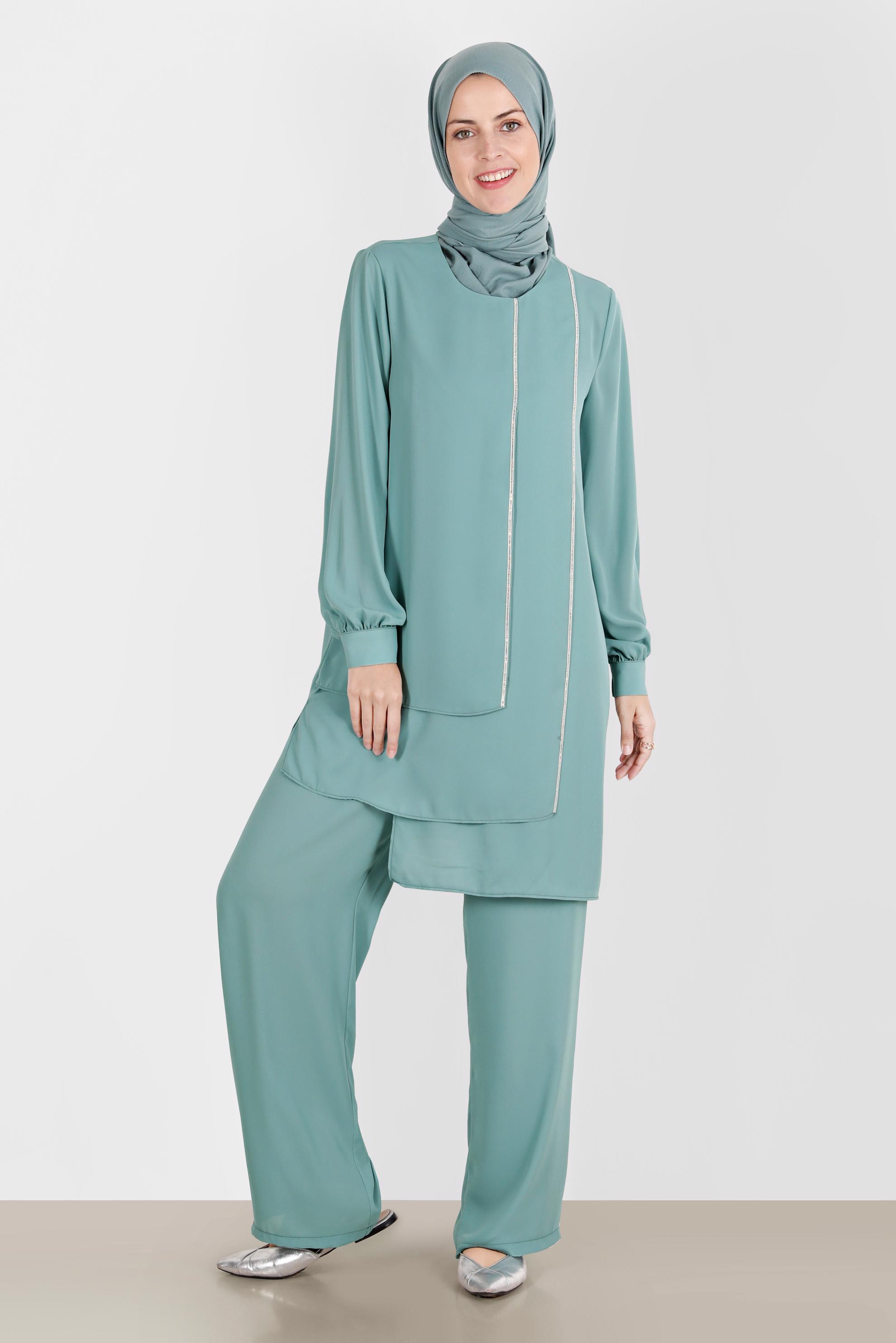 Tesettür giyim YEŞİL TAŞLI İKİLİ PANTOLONLU TAKIM 42514 