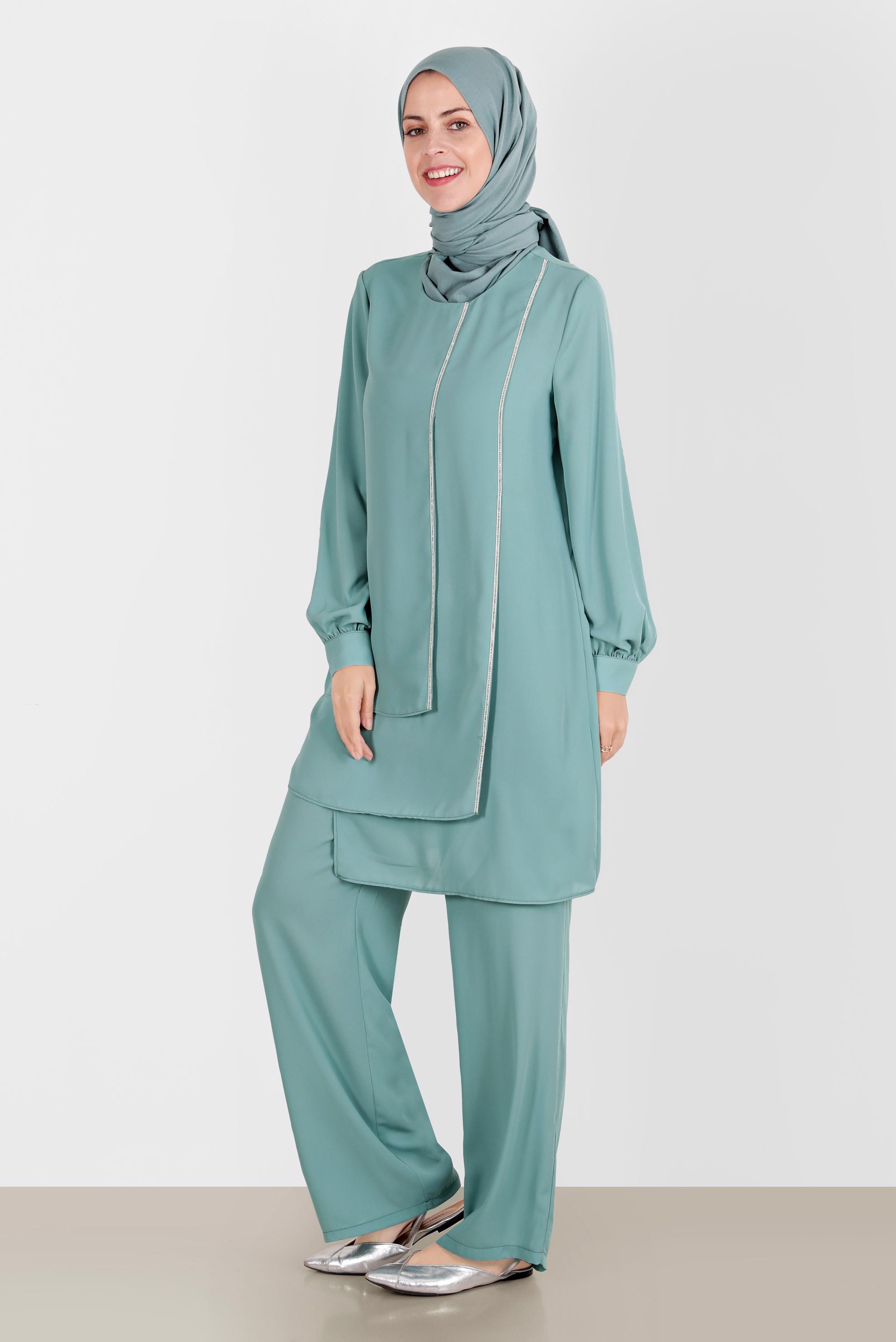 Tesettür giyim YEŞİL TAŞLI İKİLİ PANTOLONLU TAKIM 42514 