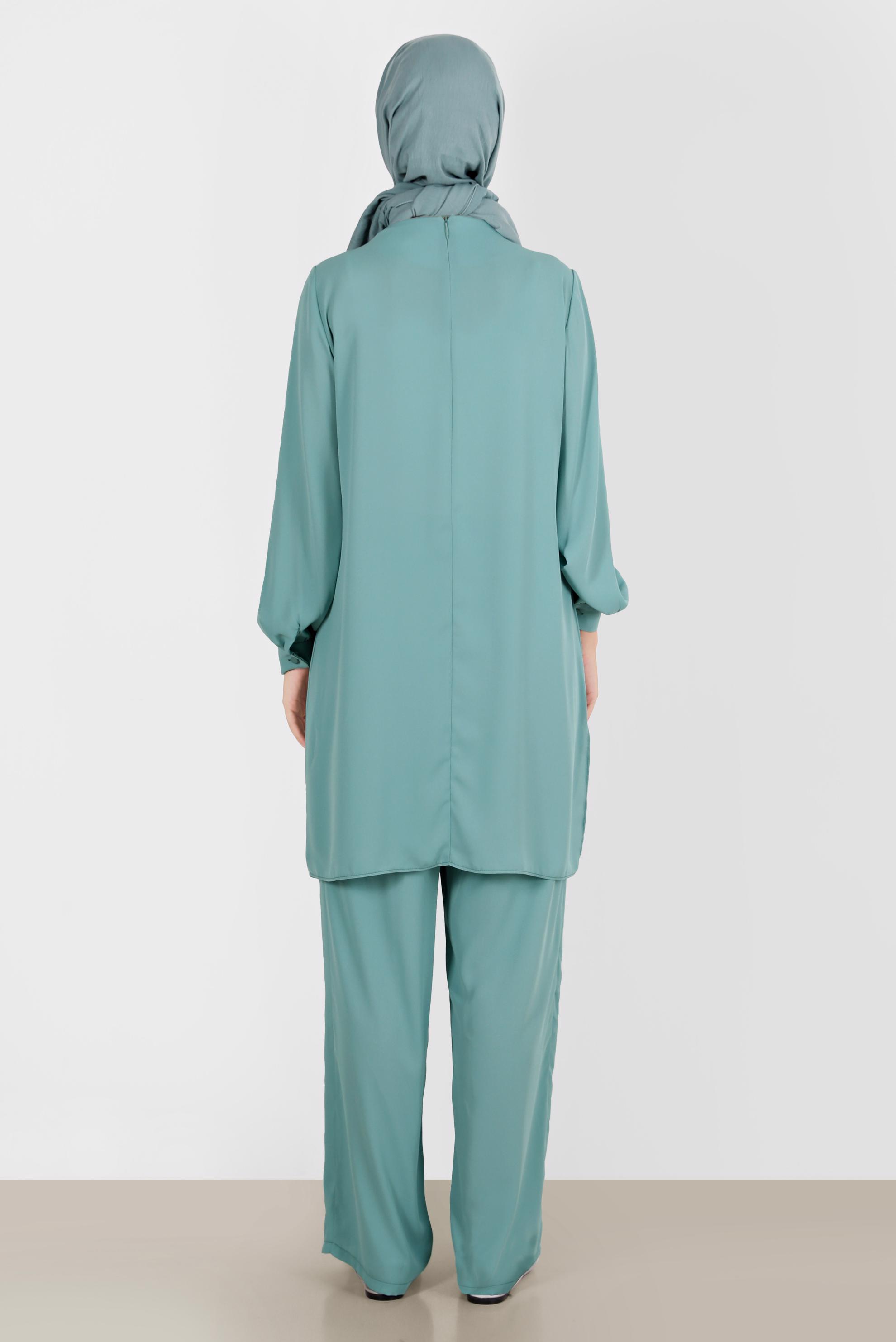 Tesettür giyim YEŞİL TAŞLI İKİLİ PANTOLONLU TAKIM 42514 
