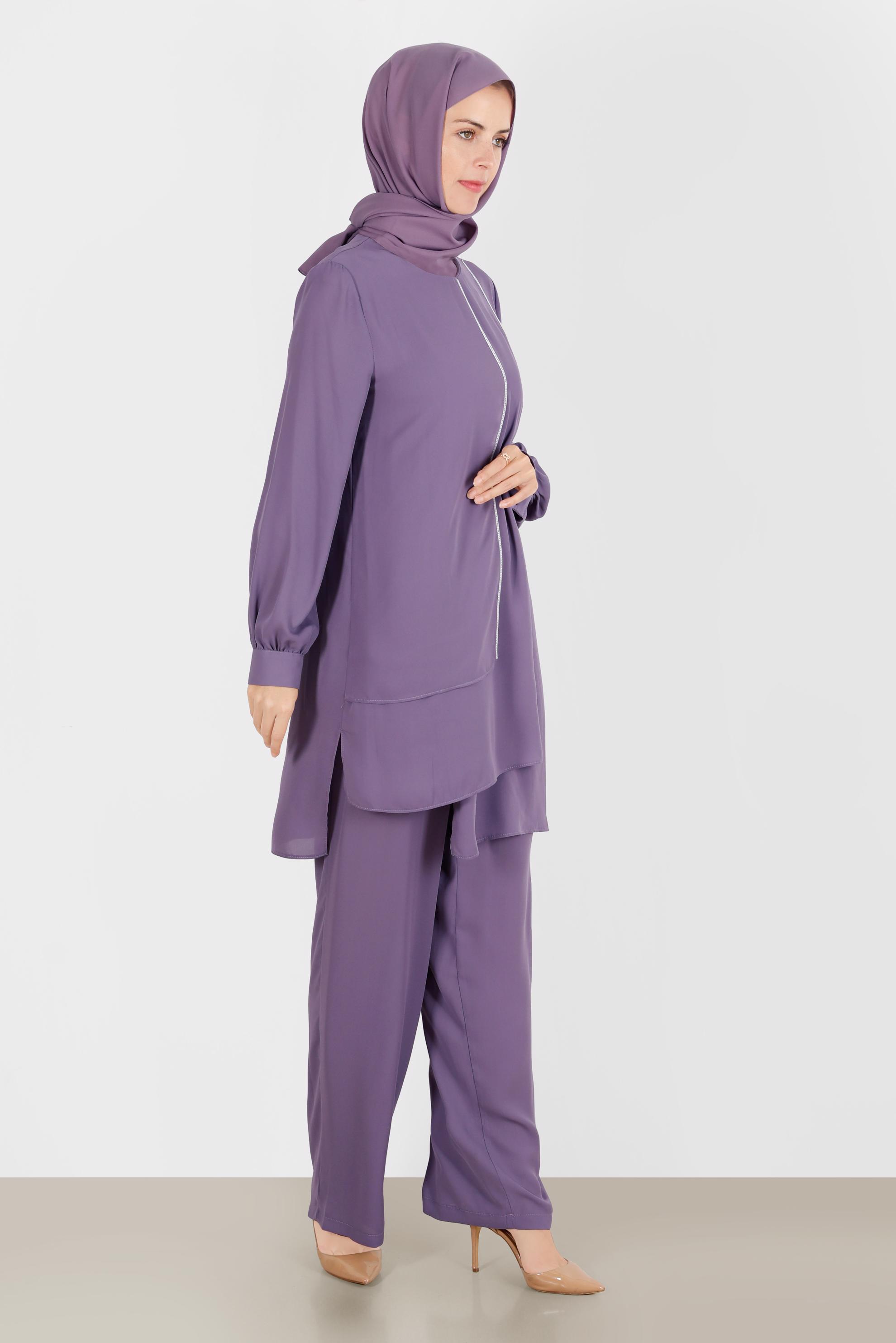 Tesettür giyim MÜRDÜM TAŞLI İKİLİ PANTOLONLU TAKIM 42514 