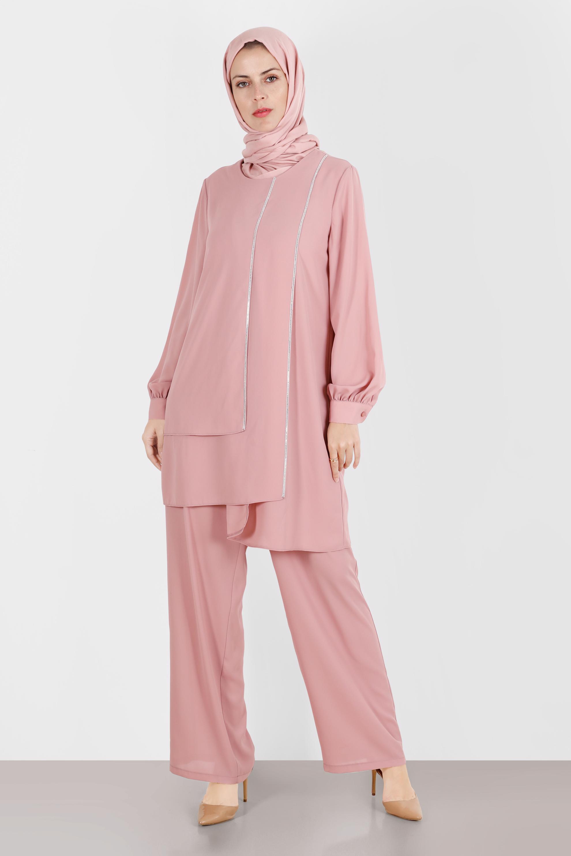 Tesettür giyim PEMBE TAŞLI İKİLİ PANTOLONLU TAKIM 42514 