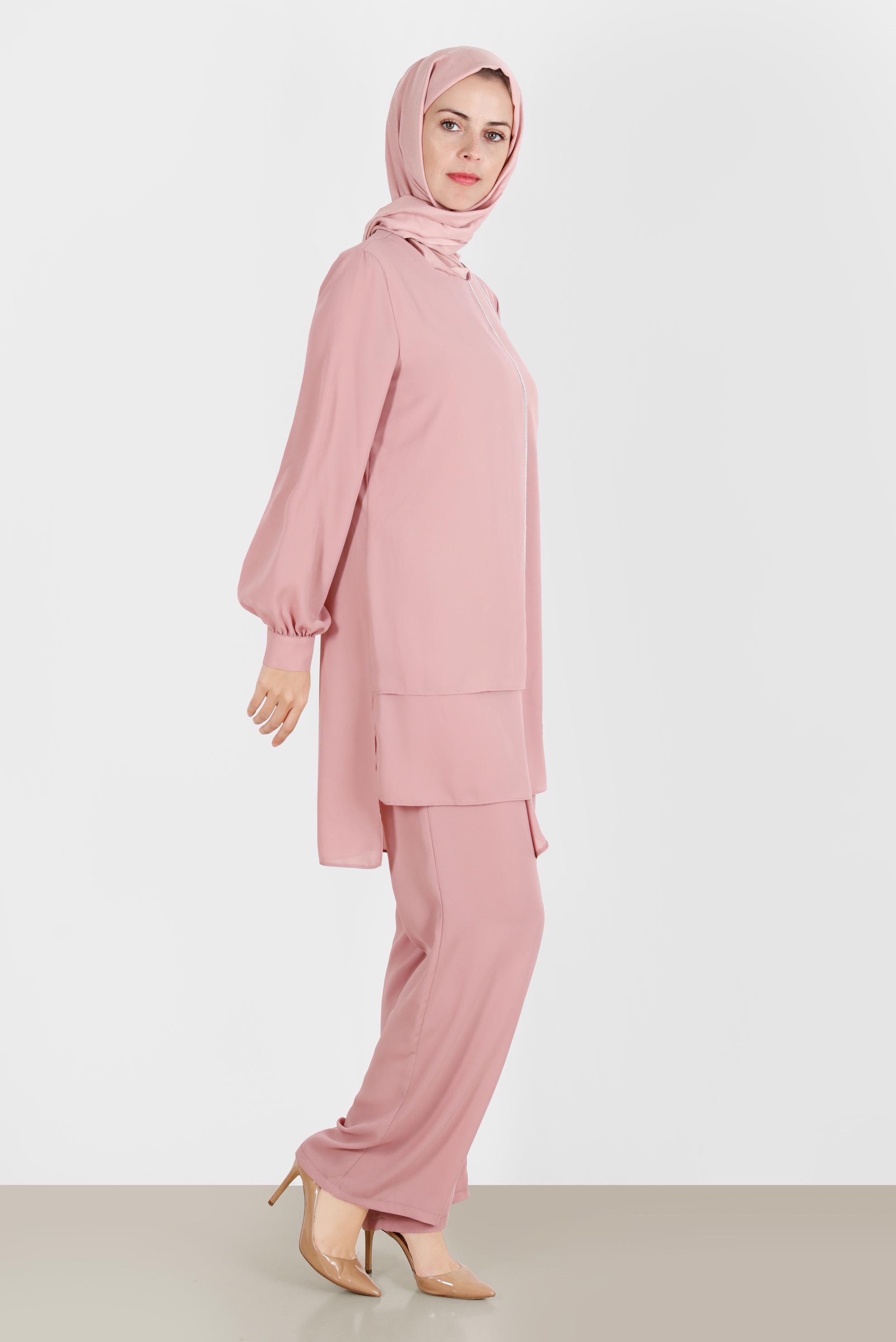 Tesettür giyim PEMBE TAŞLI İKİLİ PANTOLONLU TAKIM 42514 