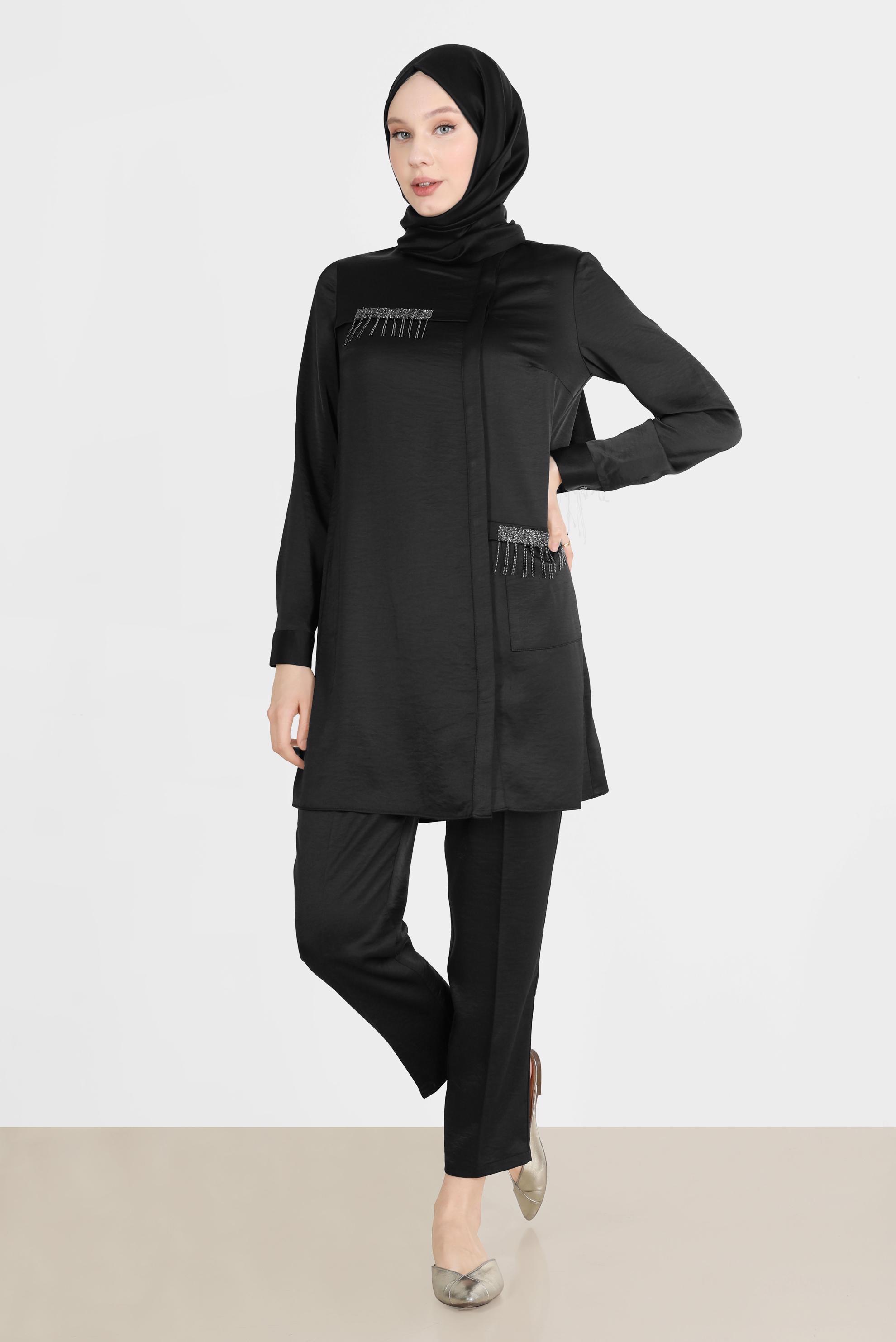 Tesettür giyim SİYAH TAŞ DETAYLI GİZLİ DÜĞMELİ İKİLİ PANT. TAKIM 42515	
