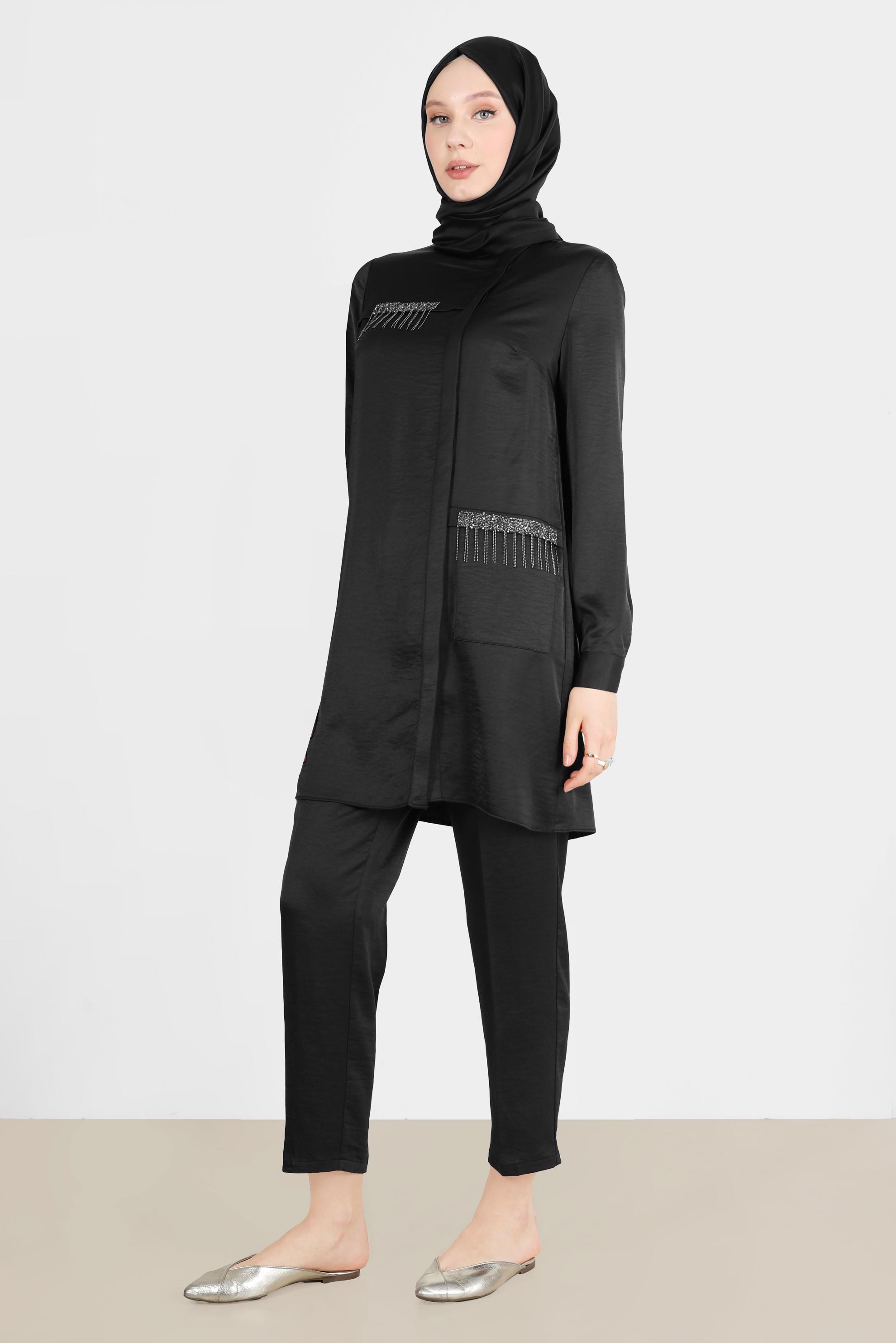 Tesettür giyim SİYAH TAŞ DETAYLI GİZLİ DÜĞMELİ İKİLİ PANT. TAKIM 42515	