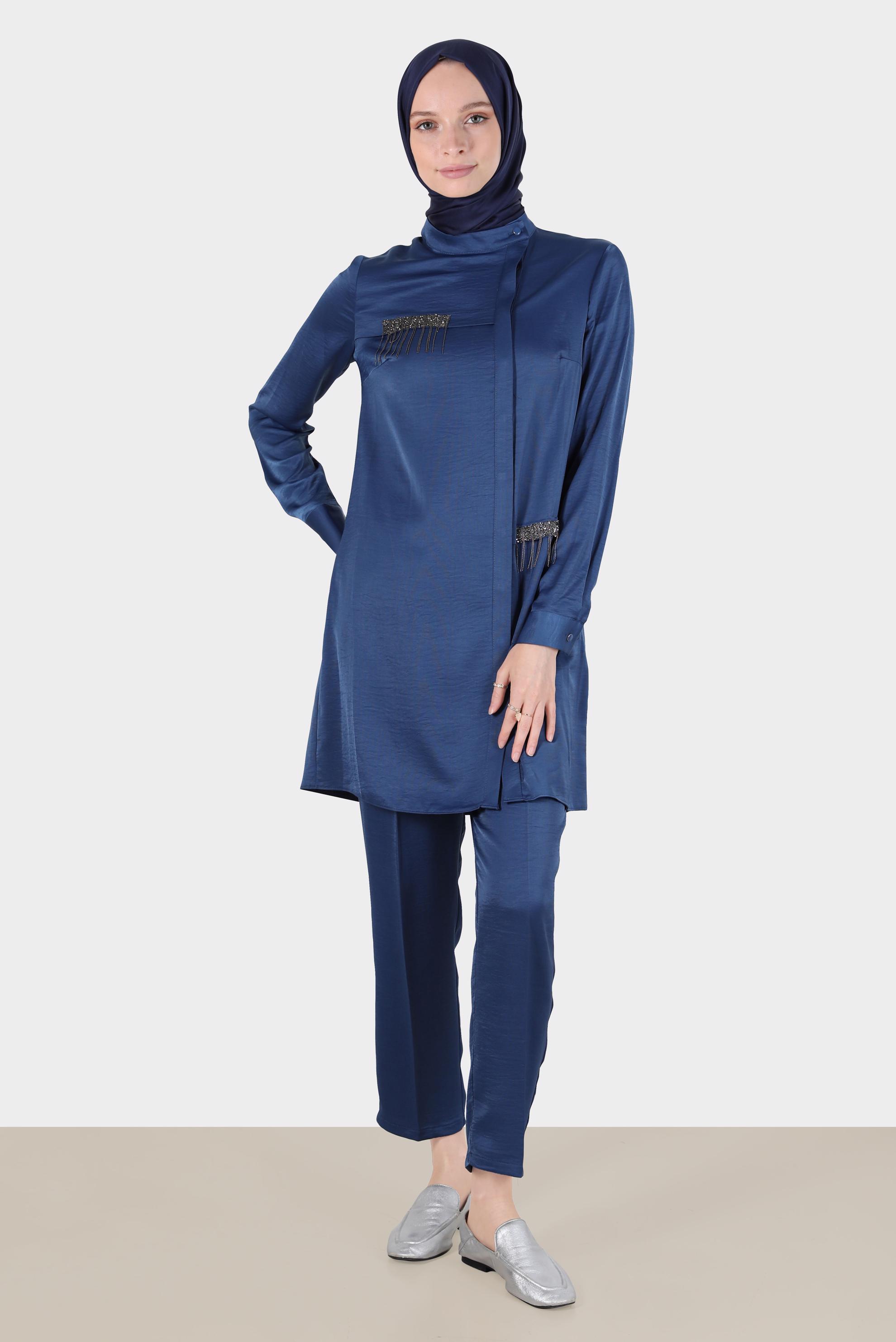 Tesettür giyim LACİVERT TAŞ DETAYLI GİZLİ DÜĞMELİ İKİLİ PANT. TAKIM 42515	