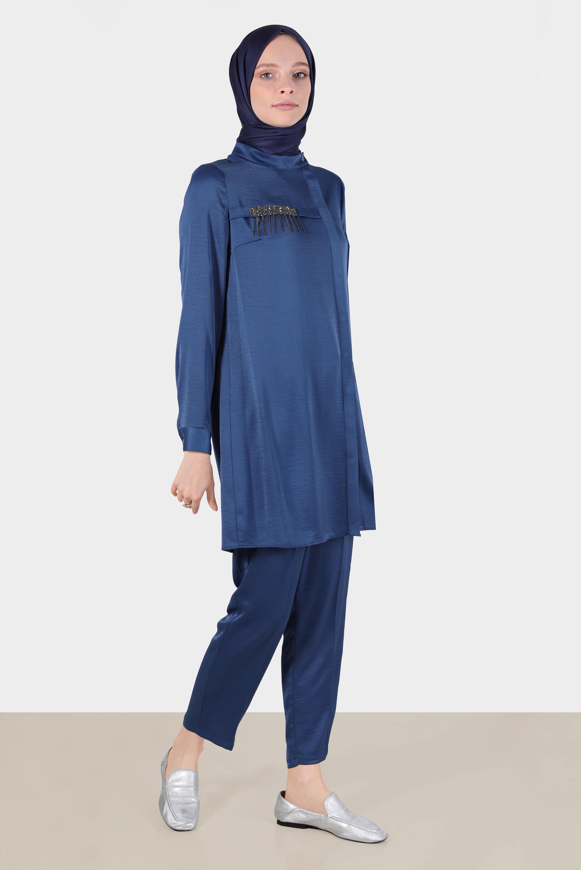 Tesettür giyim LACİVERT TAŞ DETAYLI GİZLİ DÜĞMELİ İKİLİ PANT. TAKIM 42515	
