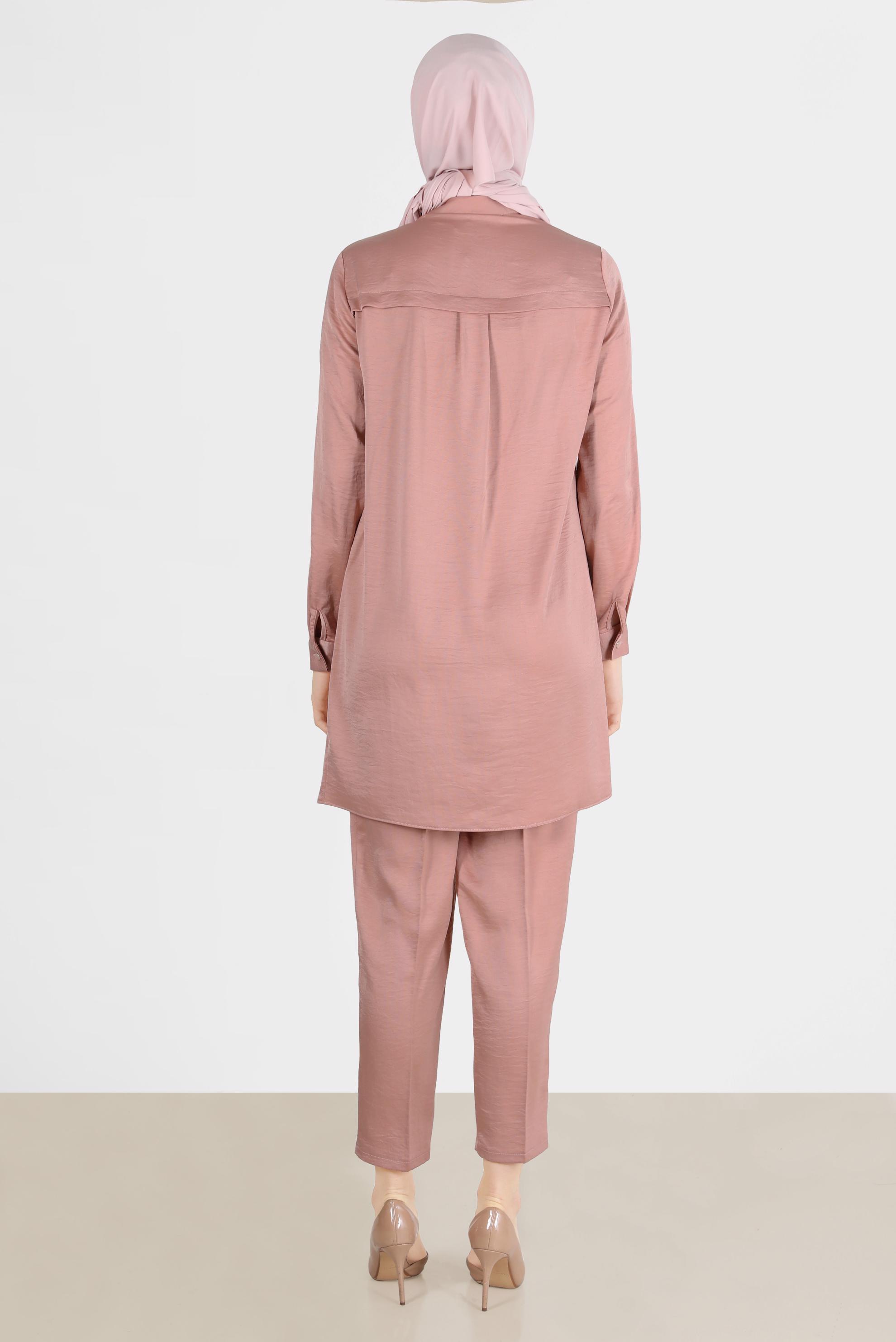 Tesettür giyim PUDRA TAŞ DETAYLI GİZLİ DÜĞMELİ İKİLİ PANT. TAKIM 42515	