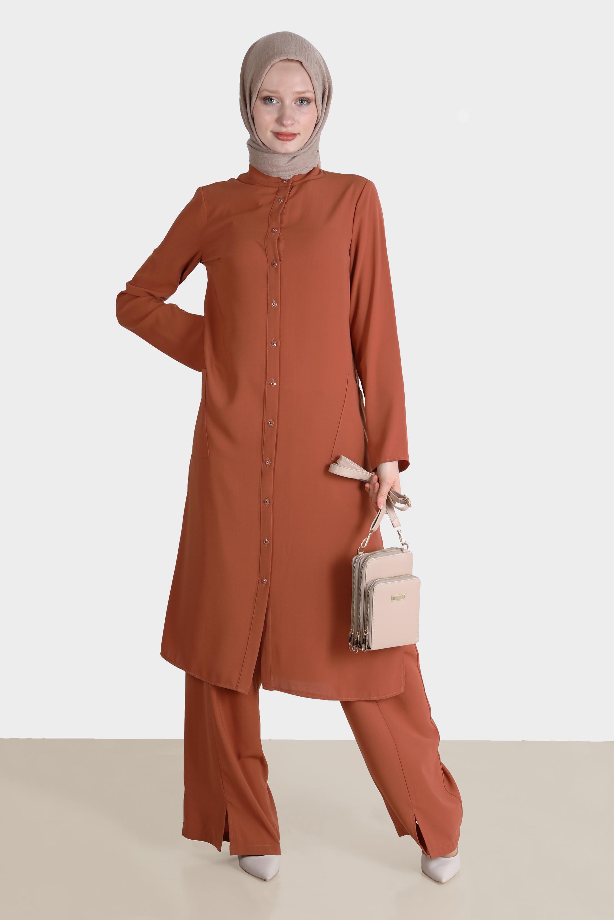 Vêtements hijab ORANGE ENSEMBLE PANTALON 2 PIÈCES AVEC FENTE À BOUTONS 42517