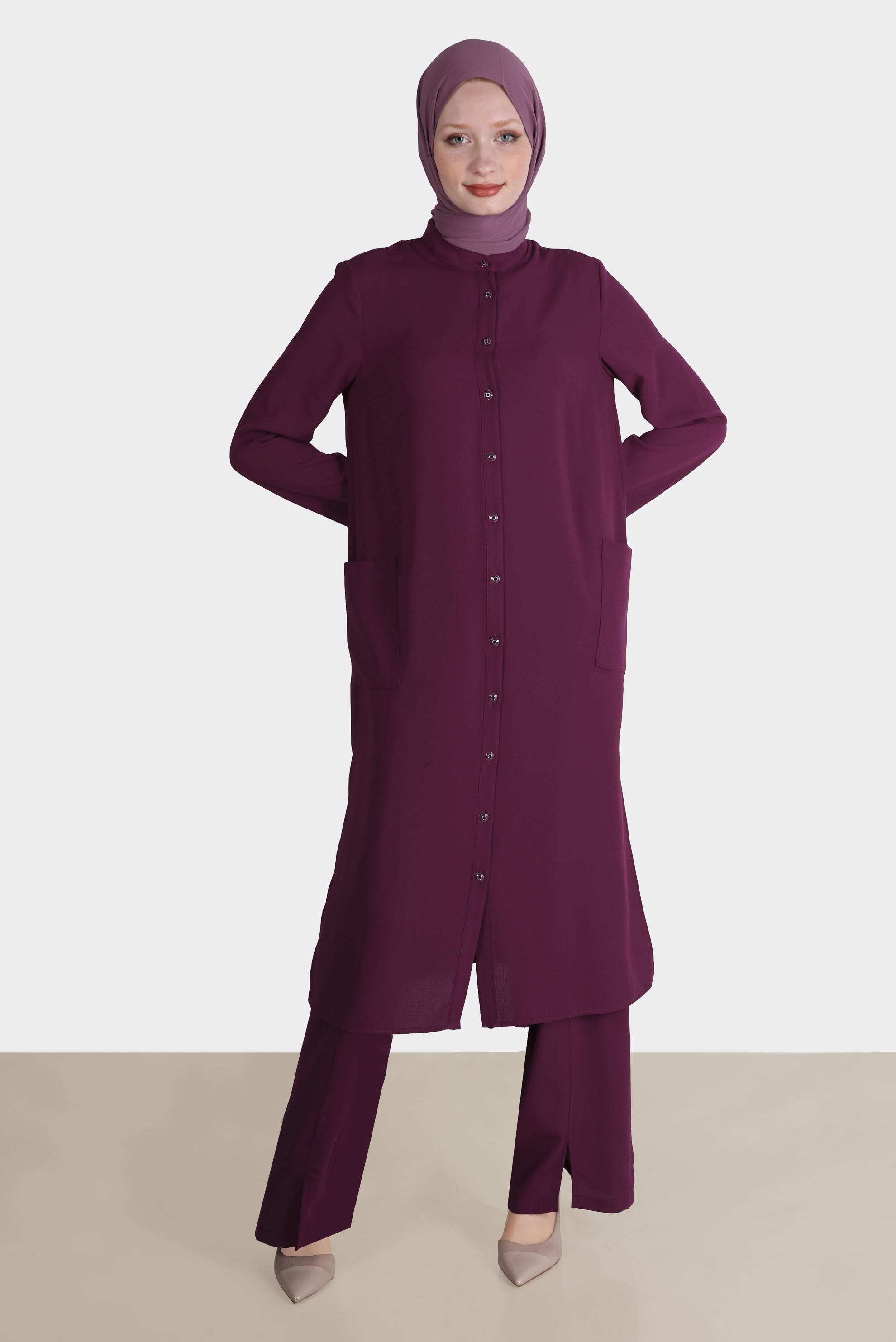 Tesettür giyim MOR BOYDAN DÜĞMELİ YIRTMAÇ DETAYLI İKİLİ PANT. TAKIM 42517 