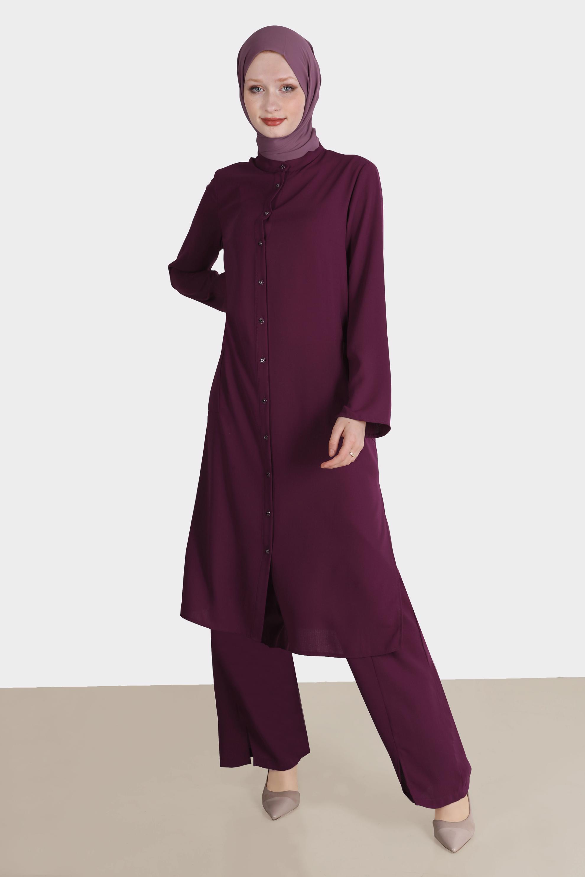 Tesettür giyim MOR BOYDAN DÜĞMELİ YIRTMAÇ DETAYLI İKİLİ PANT. TAKIM 42517 