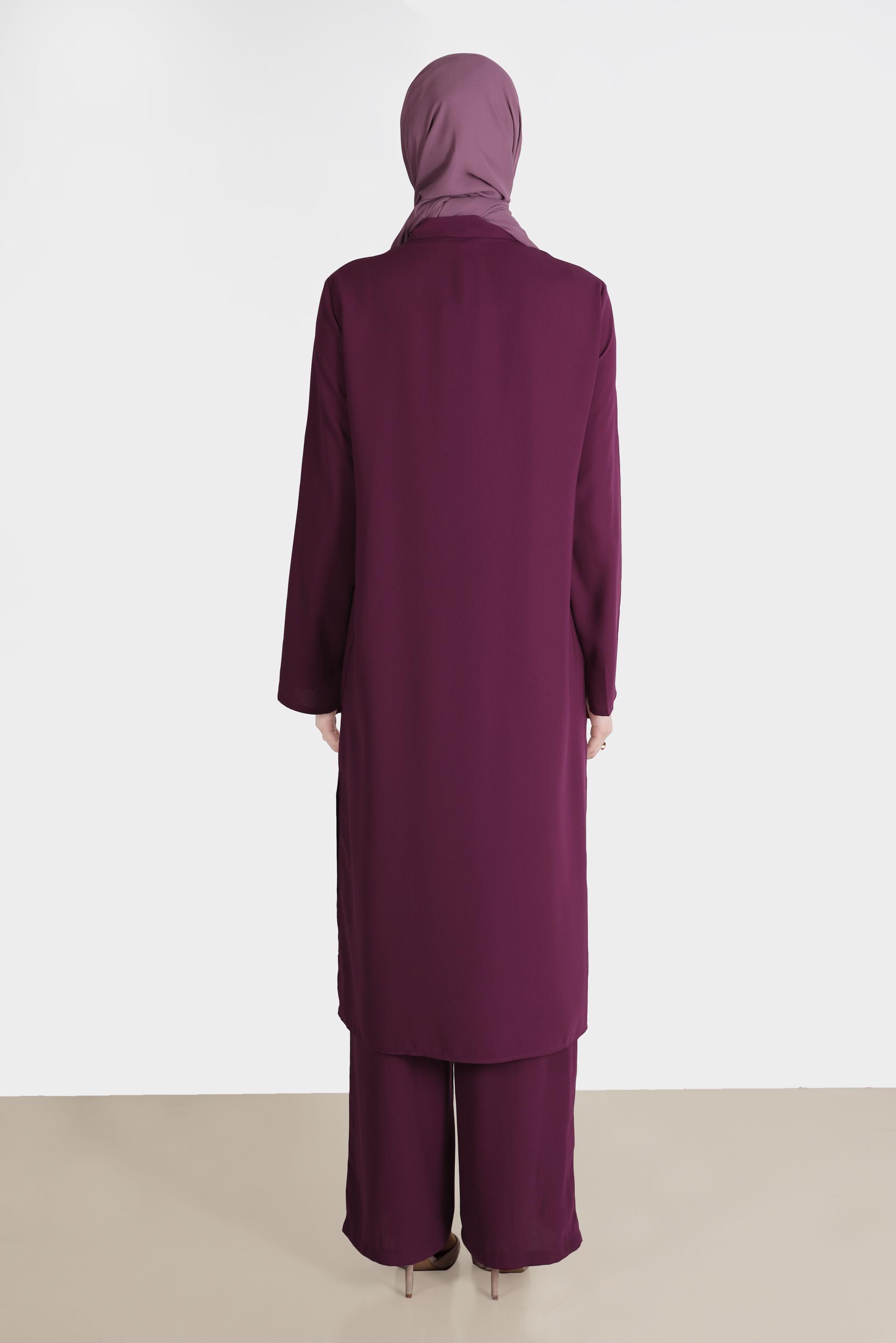 Tesettür giyim MOR BOYDAN DÜĞMELİ YIRTMAÇ DETAYLI İKİLİ PANT. TAKIM 42517 