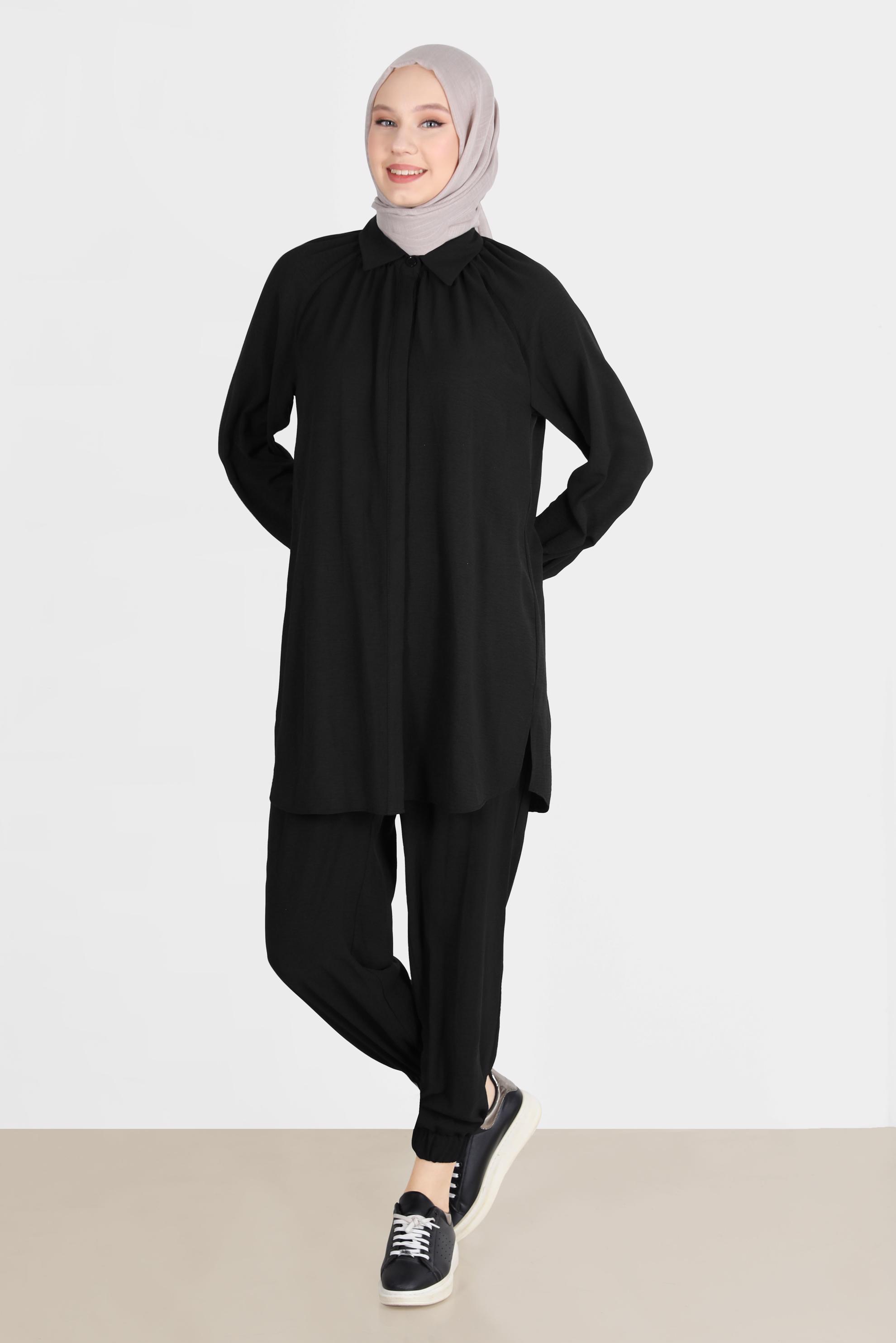 Tesettür giyim SİYAH PAÇASI LASTİKLİ GİZLİ DÜĞMELİ İKİLİ PANT. TAKIM 42518 