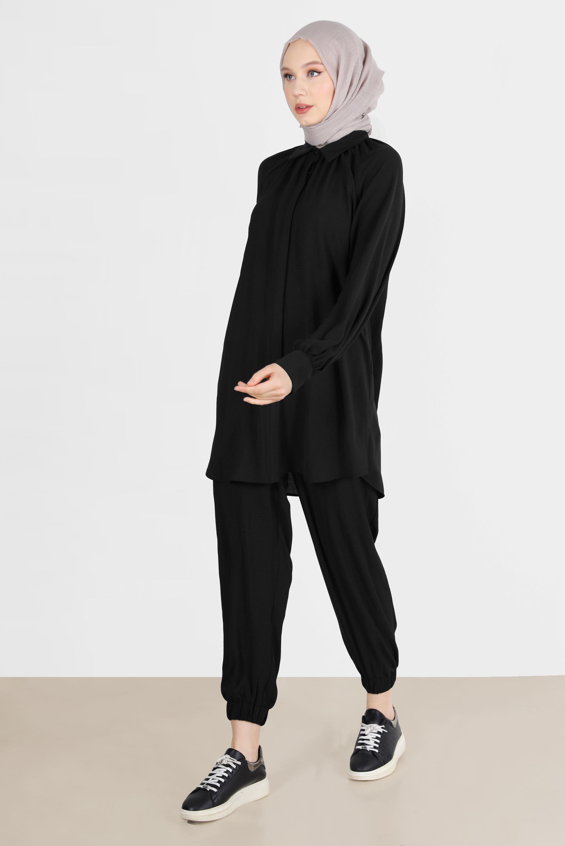 Tesettür giyim SİYAH PAÇASI LASTİKLİ GİZLİ DÜĞMELİ İKİLİ PANT. TAKIM 42518 