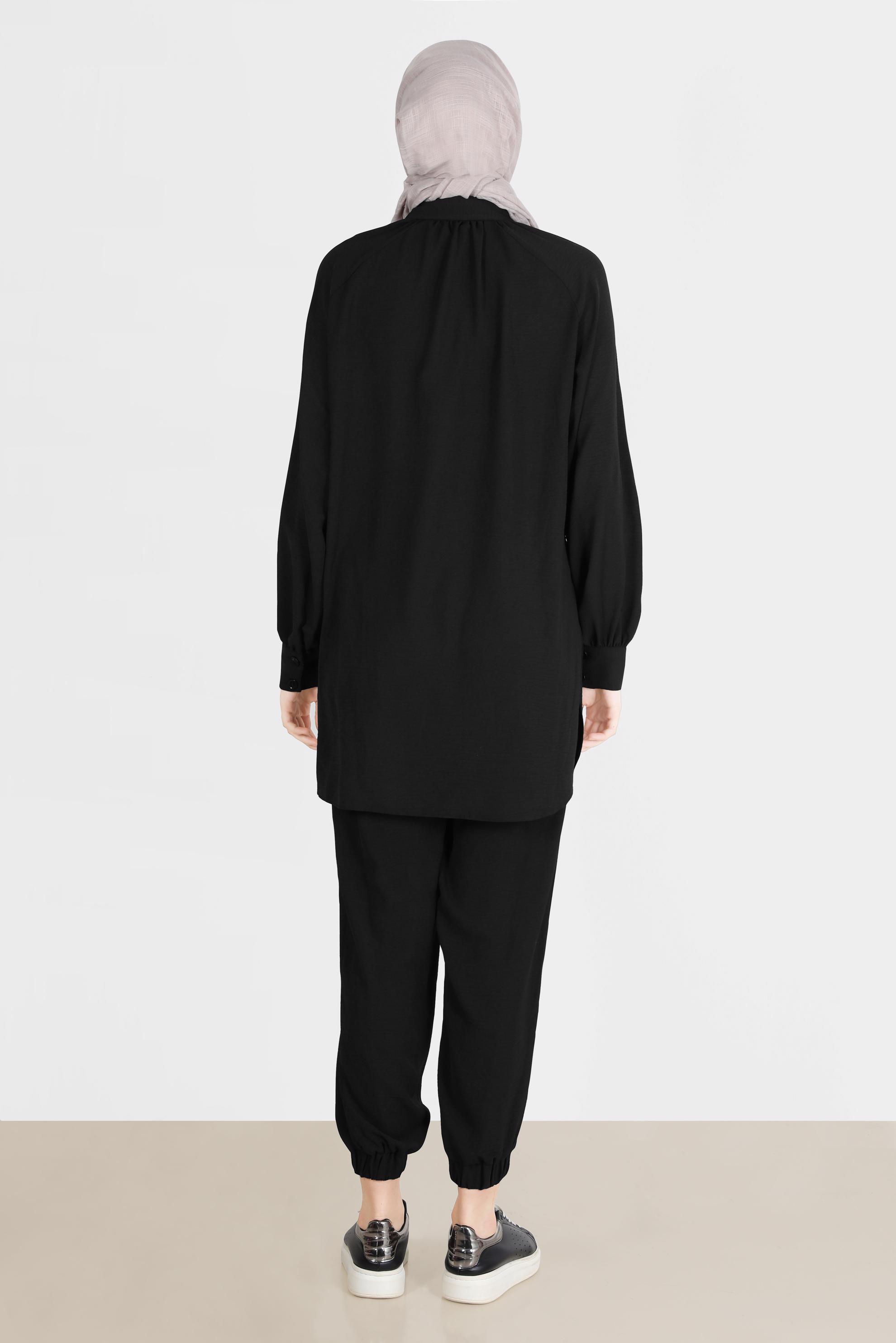 Tesettür giyim SİYAH PAÇASI LASTİKLİ GİZLİ DÜĞMELİ İKİLİ PANT. TAKIM 42518 