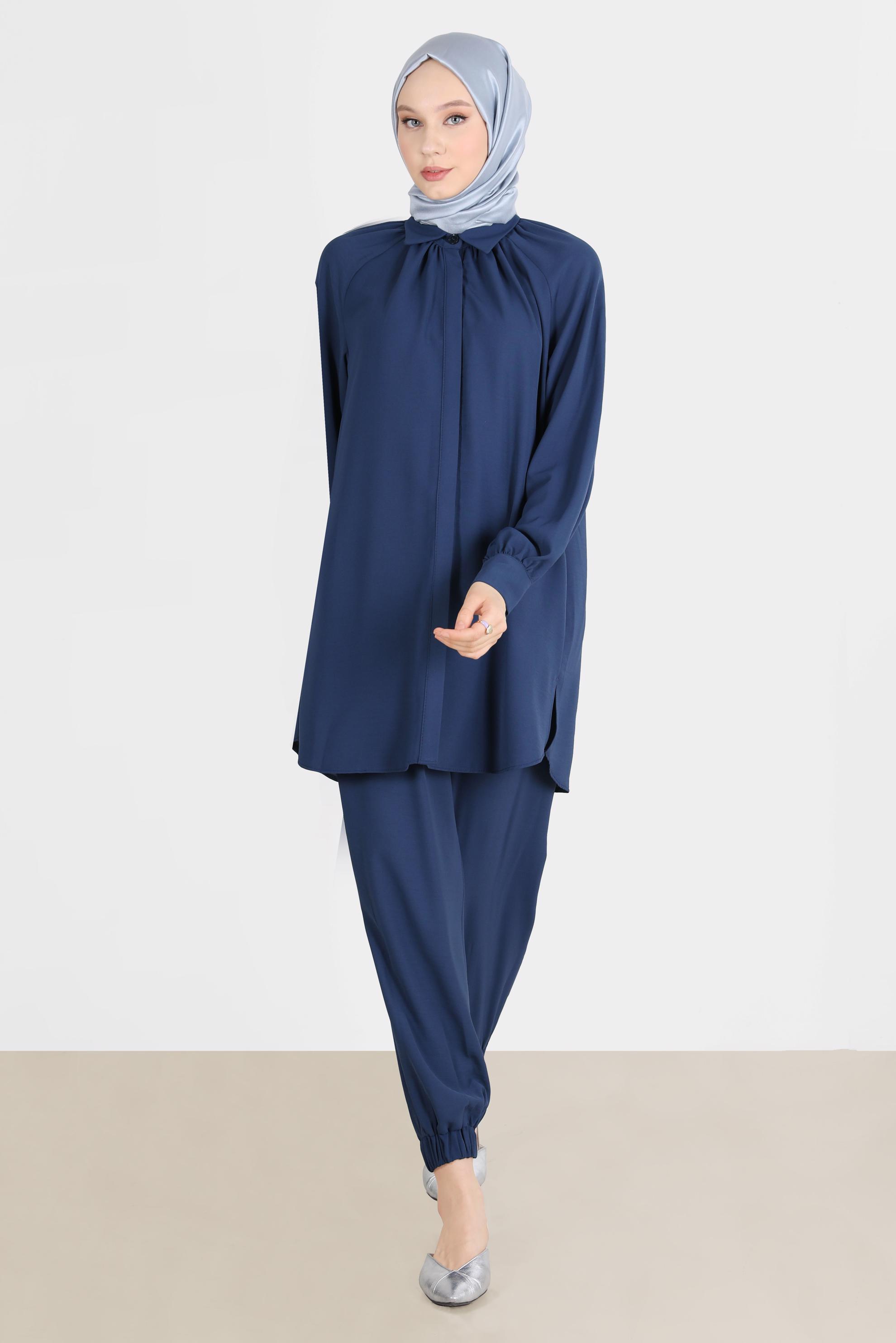 Tesettür giyim LACİVERT PAÇASI LASTİKLİ GİZLİ DÜĞMELİ İKİLİ PANT. TAKIM 42518 