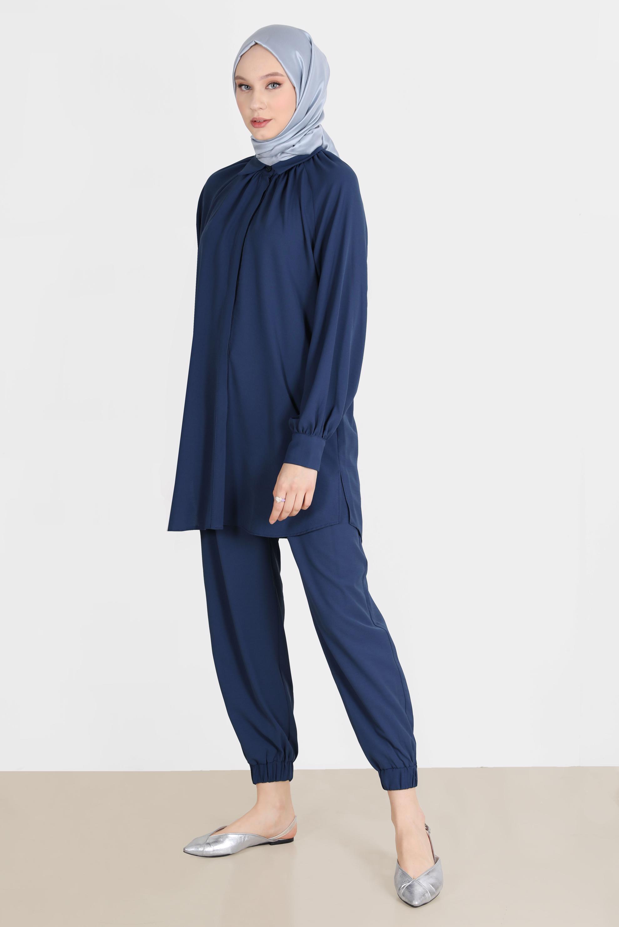 Tesettür giyim LACİVERT PAÇASI LASTİKLİ GİZLİ DÜĞMELİ İKİLİ PANT. TAKIM 42518 