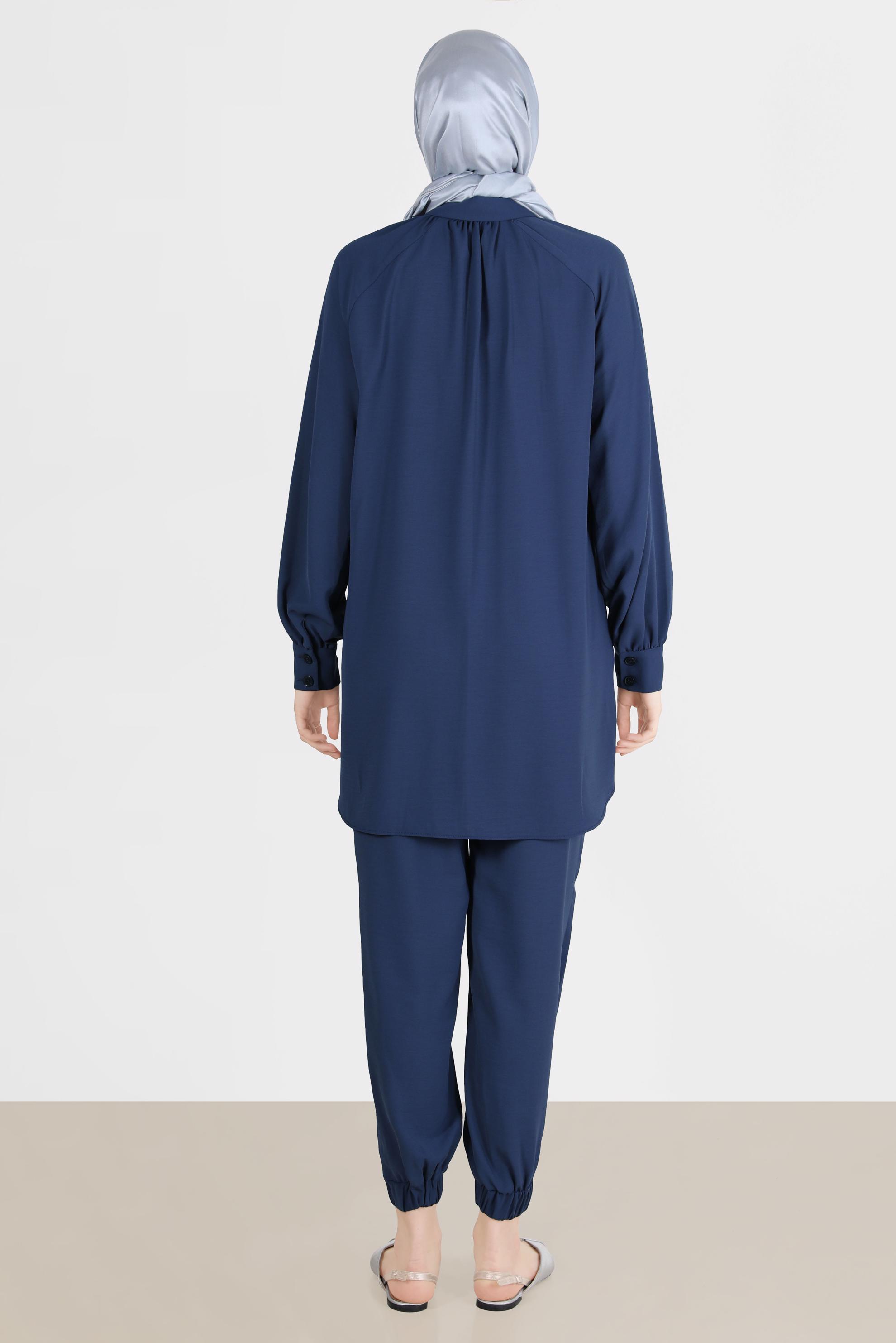 Tesettür giyim LACİVERT PAÇASI LASTİKLİ GİZLİ DÜĞMELİ İKİLİ PANT. TAKIM 42518 