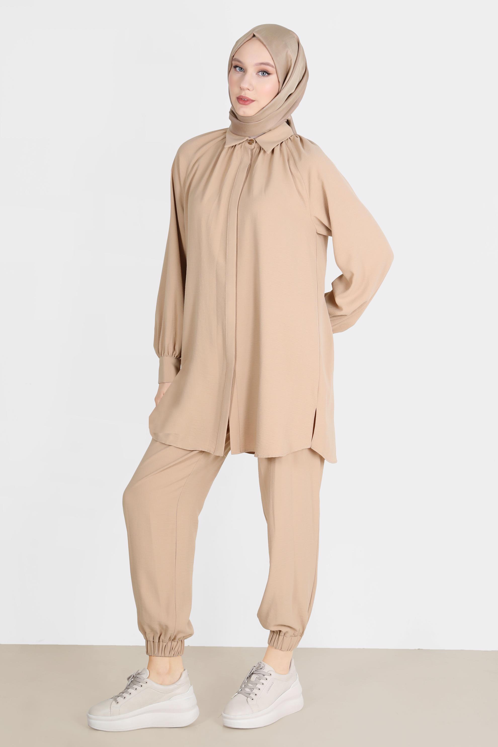 Tesettür giyim KUM PAÇASI LASTİKLİ GİZLİ DÜĞMELİ İKİLİ PANT. TAKIM 42518 