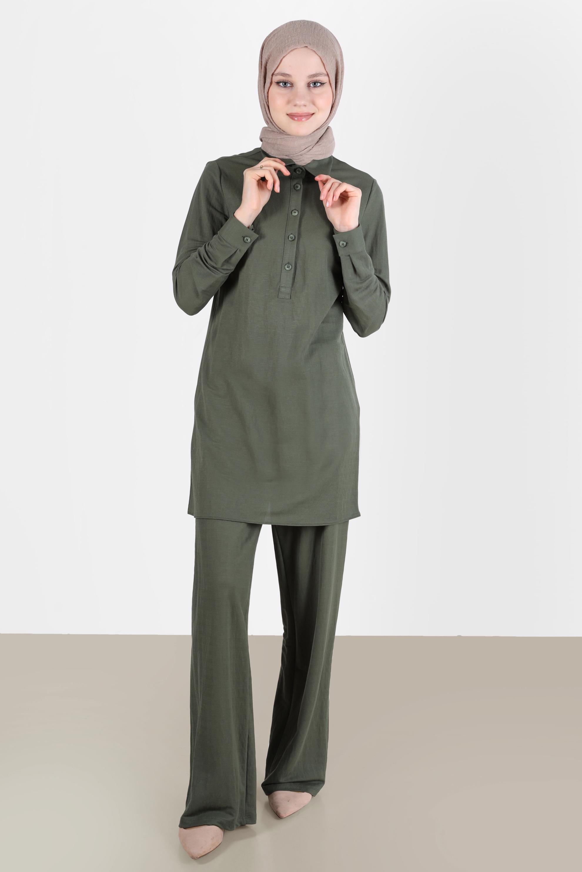 Tesettür giyim HAKİ DÜĞME DETAYLI BASIC İKİLİ PANT. TAKIM 42533 