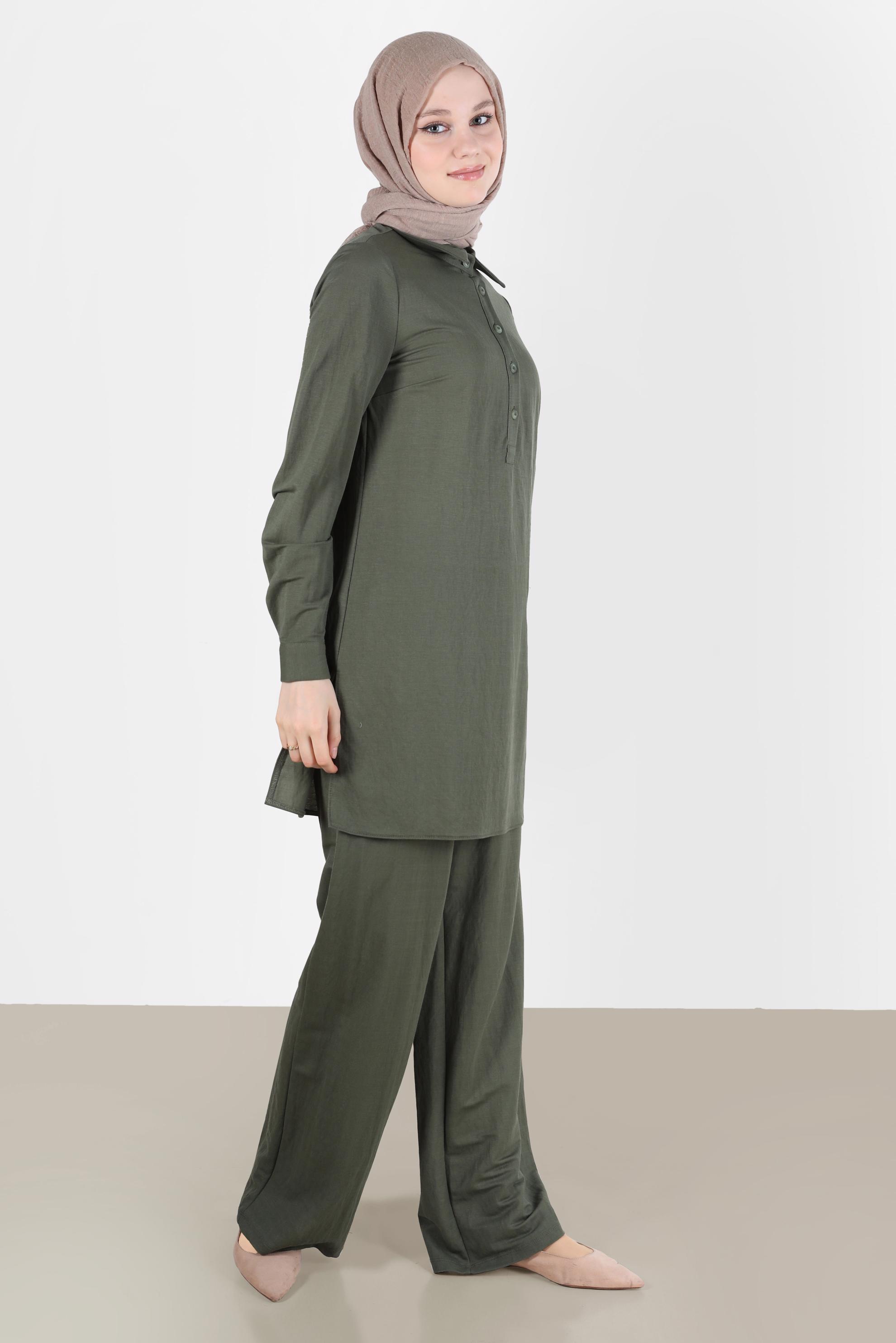 Tesettür giyim HAKİ DÜĞME DETAYLI BASIC İKİLİ PANT. TAKIM 42533 