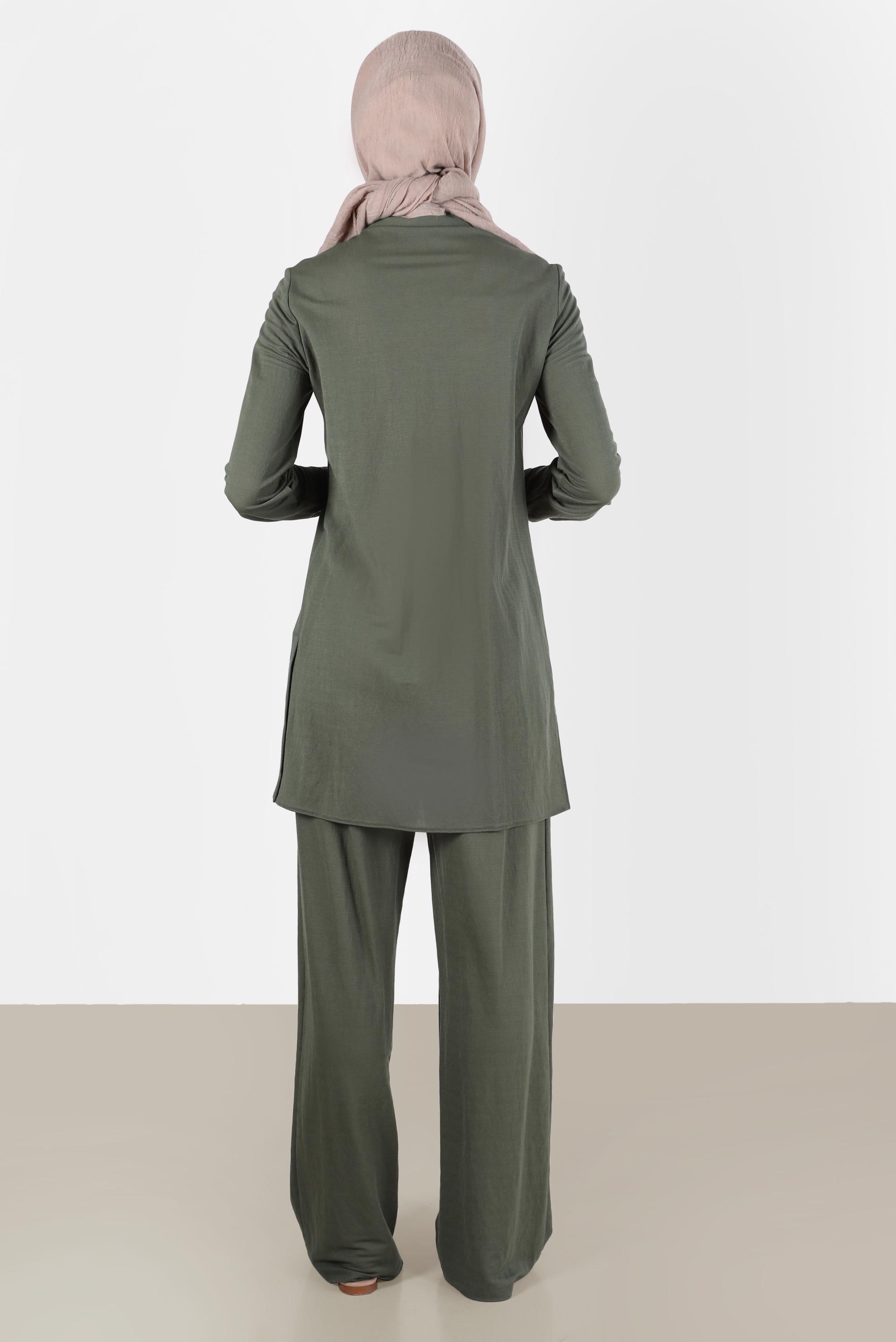 Tesettür giyim HAKİ DÜĞME DETAYLI BASIC İKİLİ PANT. TAKIM 42533 