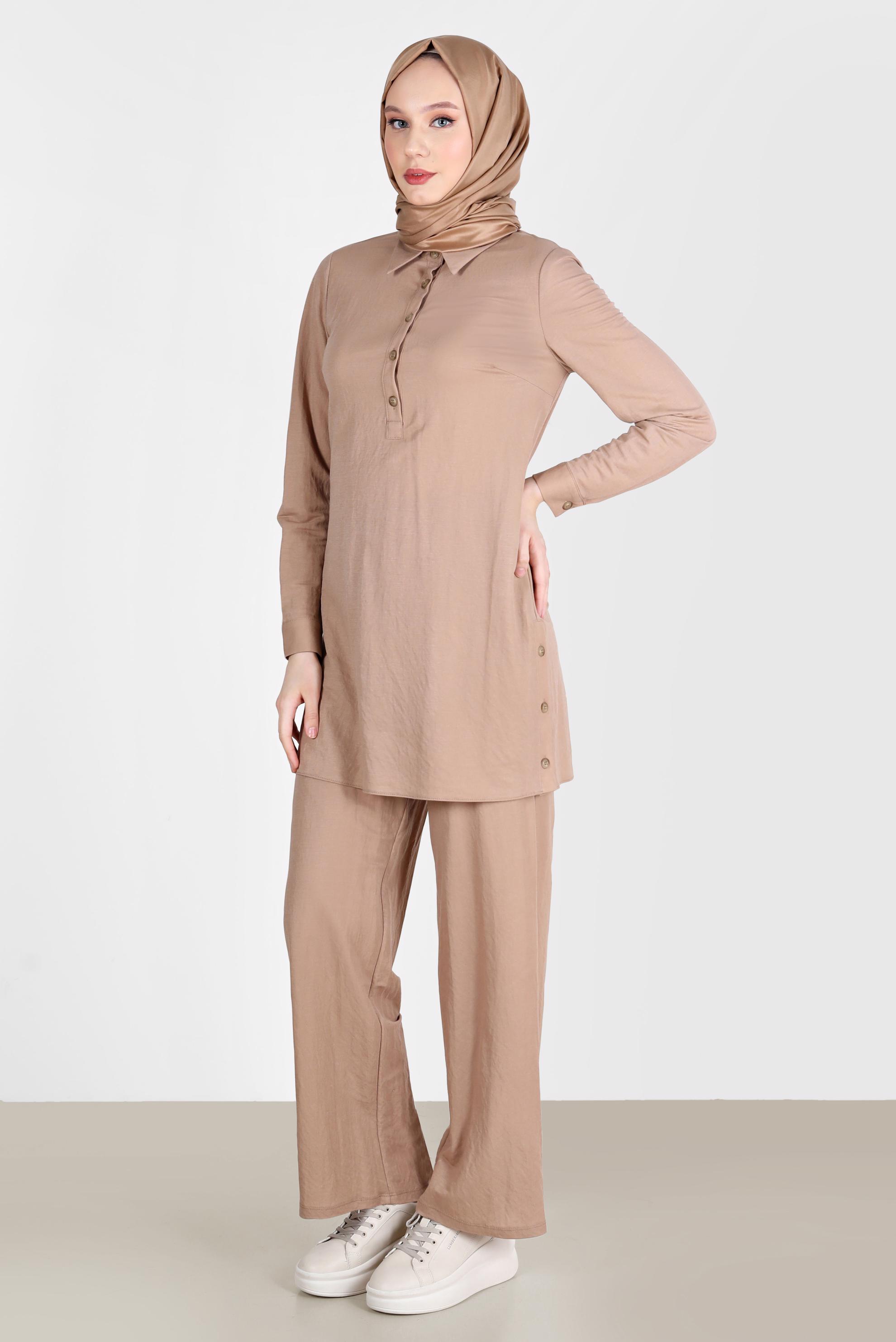 Tesettür giyim KAHVE DÜĞME DETAYLI BASIC İKİLİ PANT. TAKIM 42533 