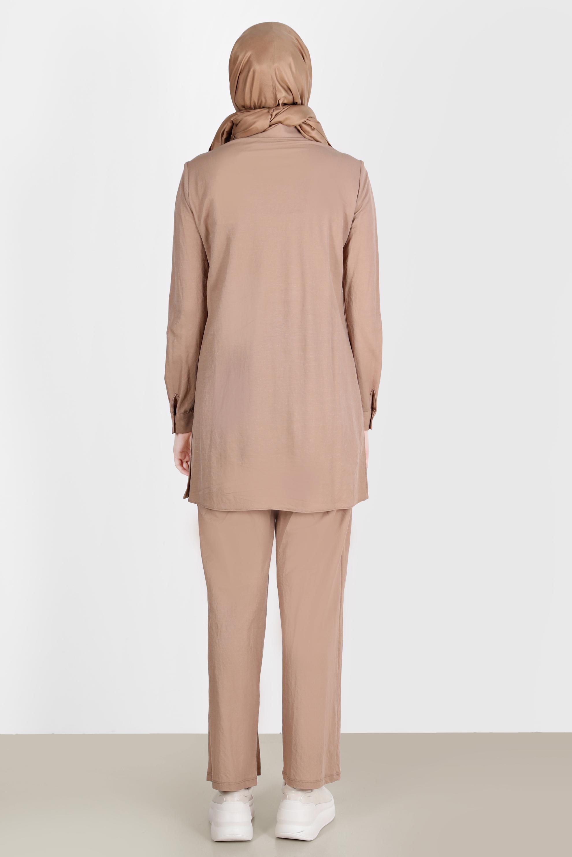 Tesettür giyim KAHVE DÜĞME DETAYLI BASIC İKİLİ PANT. TAKIM 42533 