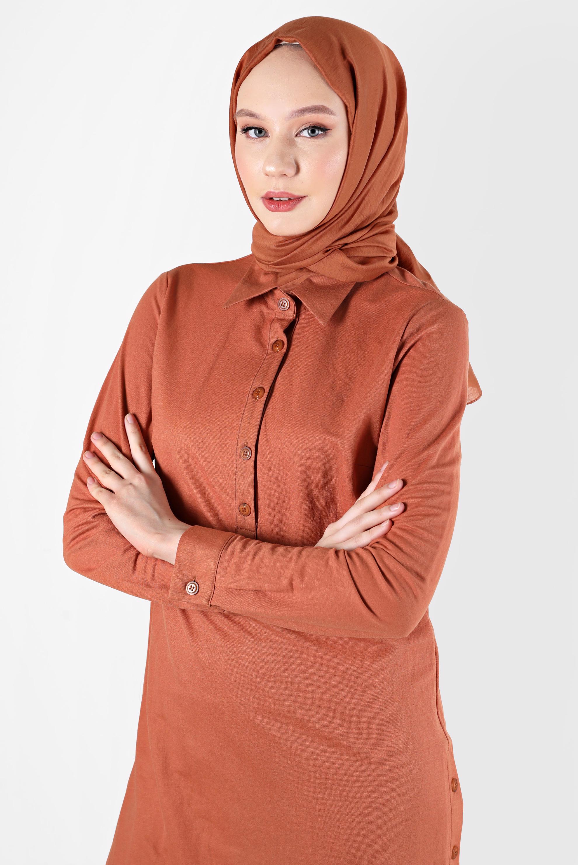 Tesettür giyim TURUNCU DÜĞME DETAYLI BASIC İKİLİ PANT. TAKIM 42533 