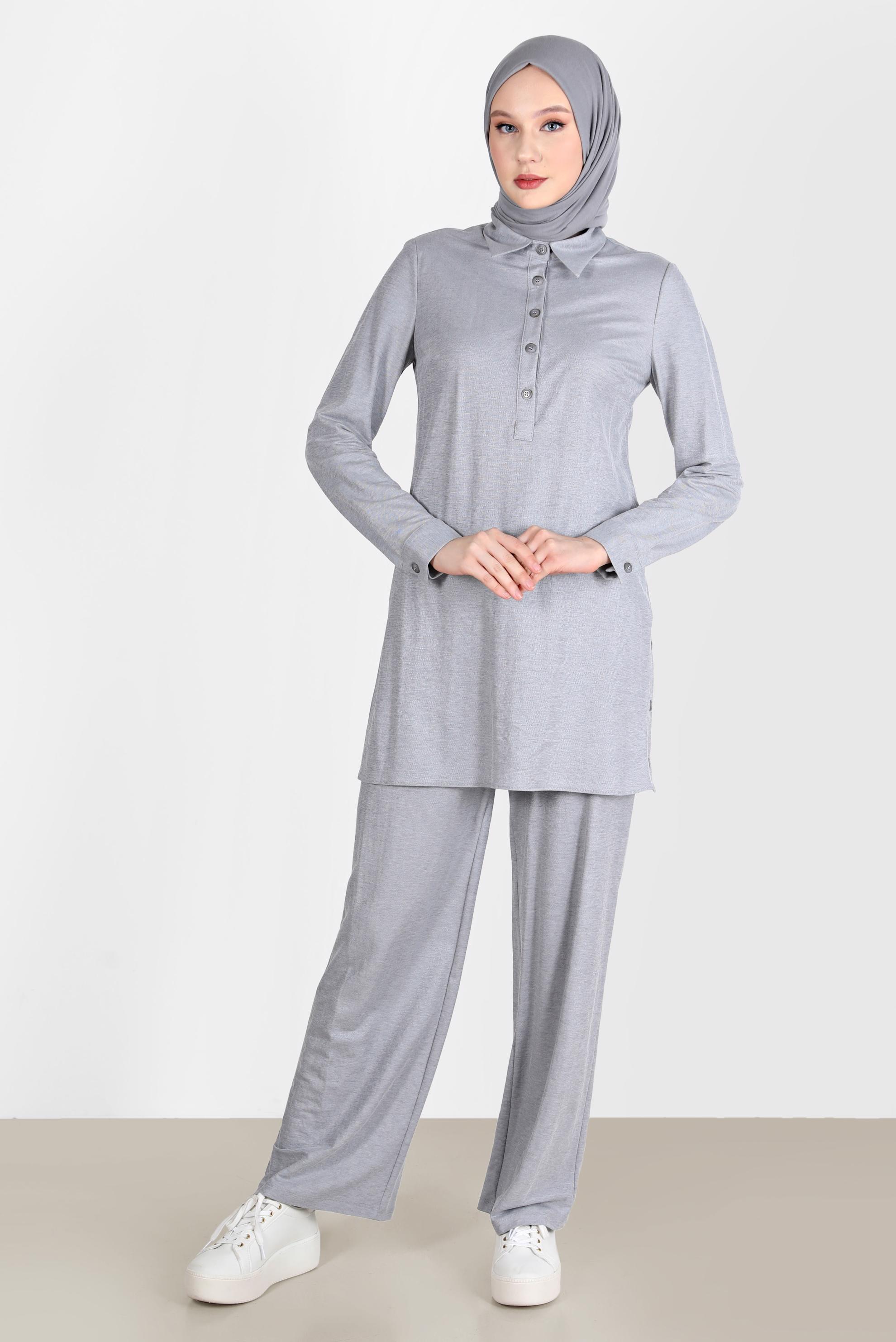 Tesettür giyim GRİ DÜĞME DETAYLI BASIC İKİLİ PANT. TAKIM 42533 
