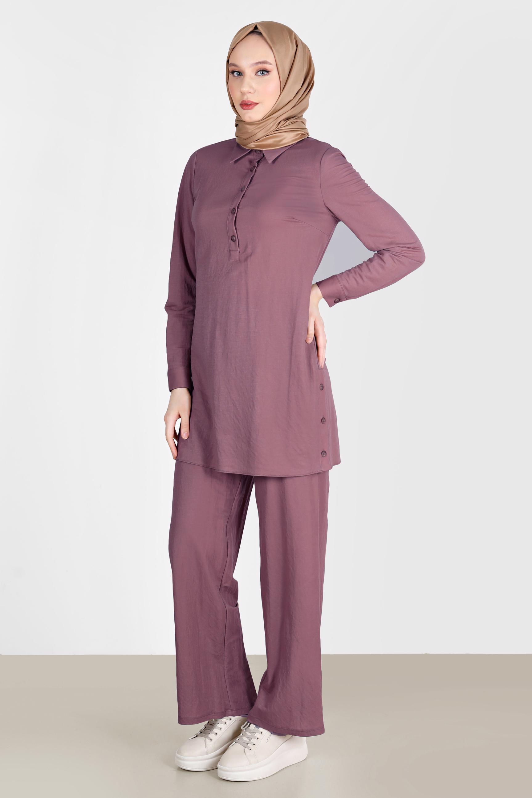 Tesettür giyim PEMBE DÜĞME DETAYLI BASIC İKİLİ PANT. TAKIM 42533 