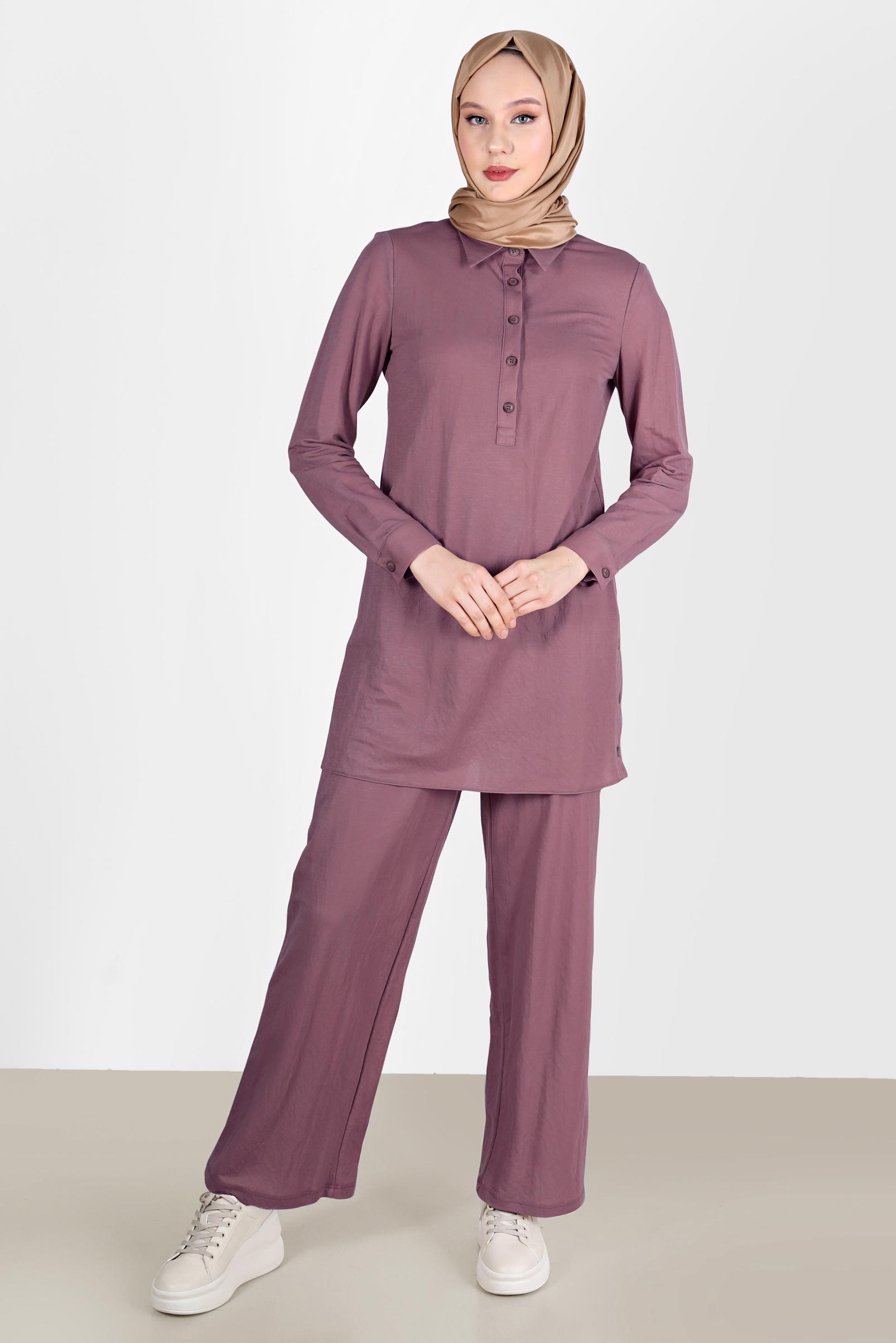 Tesettür giyim PEMBE DÜĞME DETAYLI BASIC İKİLİ PANT. TAKIM 42533 