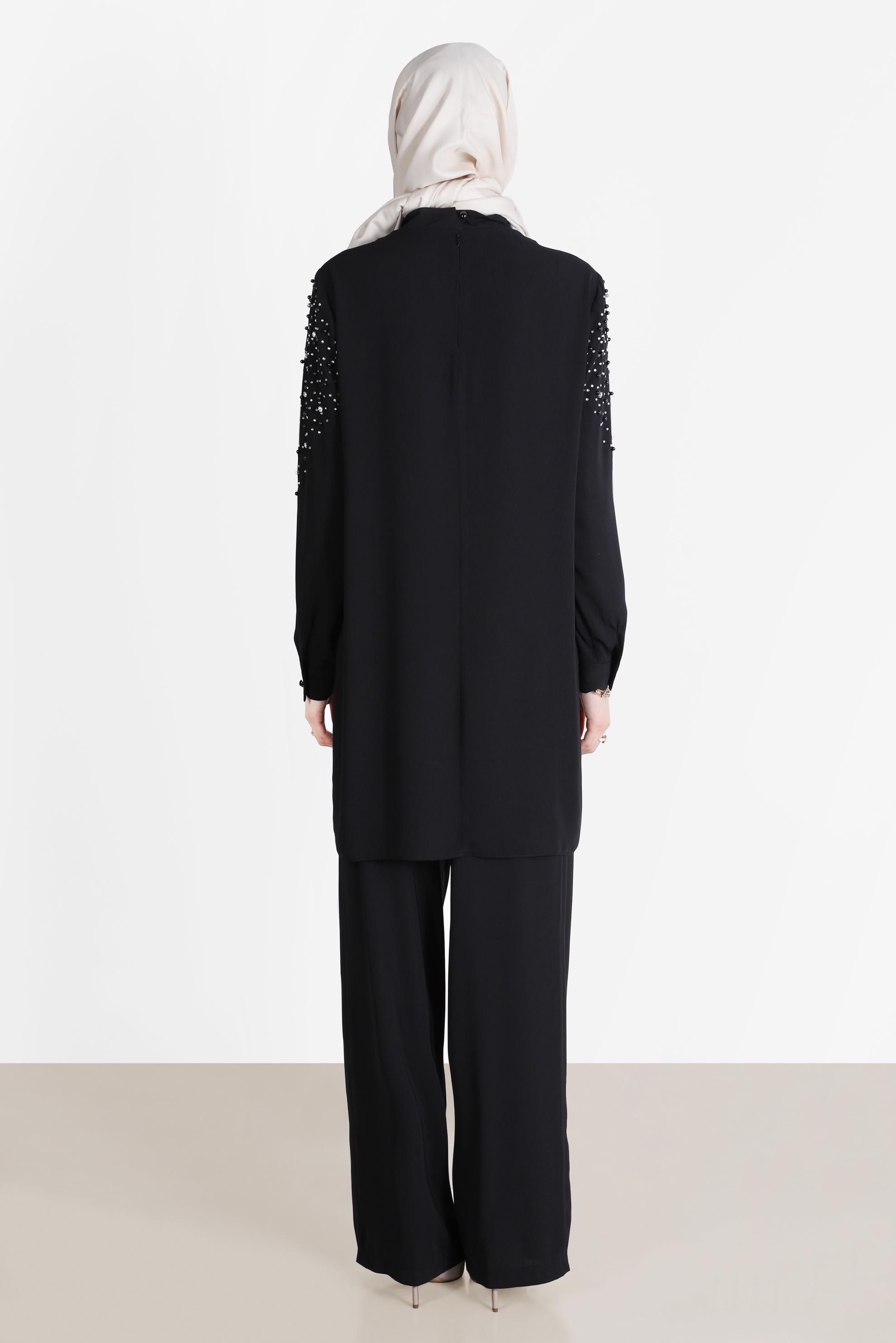 Tesettür giyim SİYAH TAŞLI YAKASI BAĞLAMALI İKİLİ PANT.TAKIMI 42547