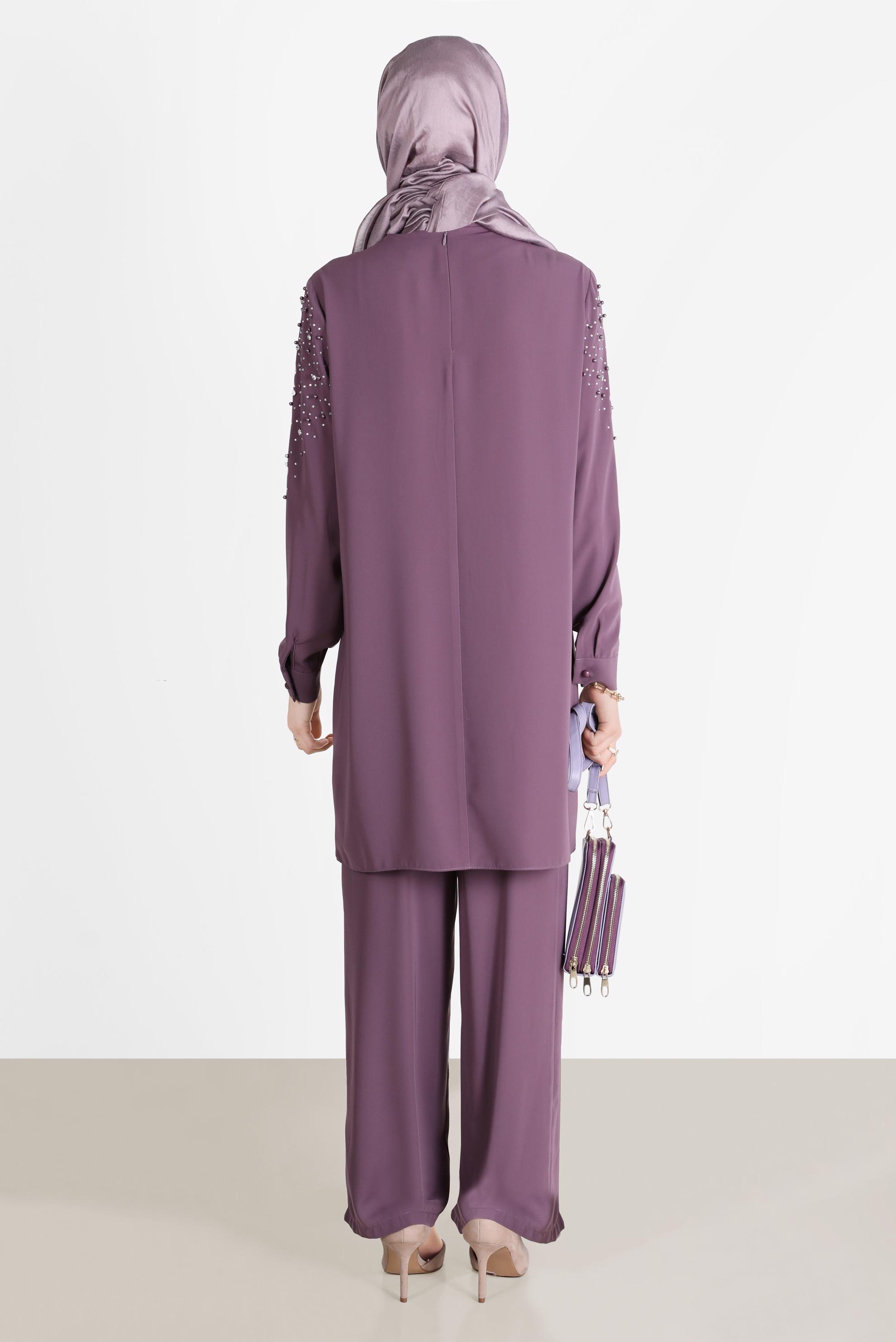 Tesettür giyim MOR TAŞLI YAKASI BAĞLAMALI İKİLİ PANT.TAKIMI 42547