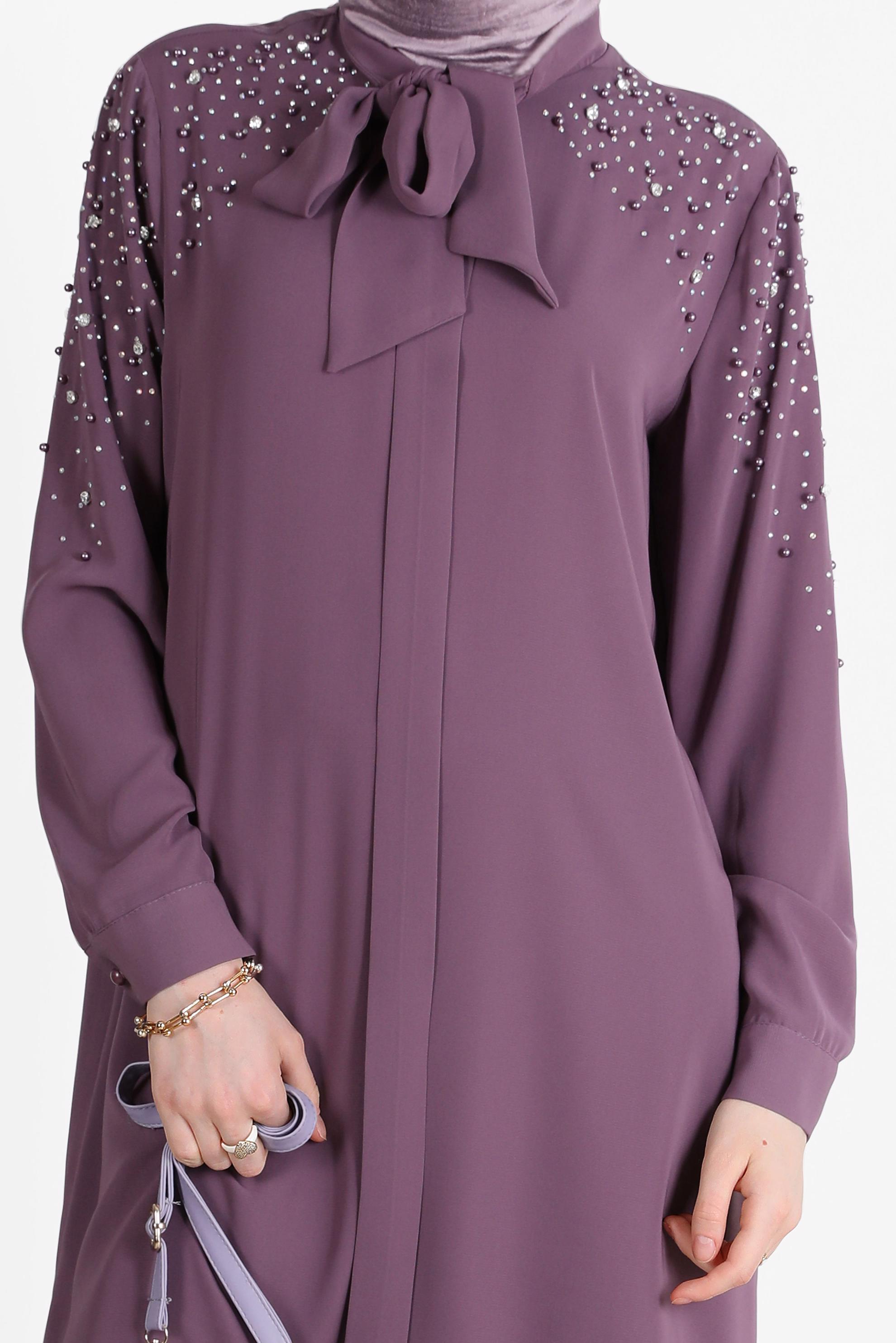 Tesettür giyim MOR TAŞLI YAKASI BAĞLAMALI İKİLİ PANT.TAKIMI 42547