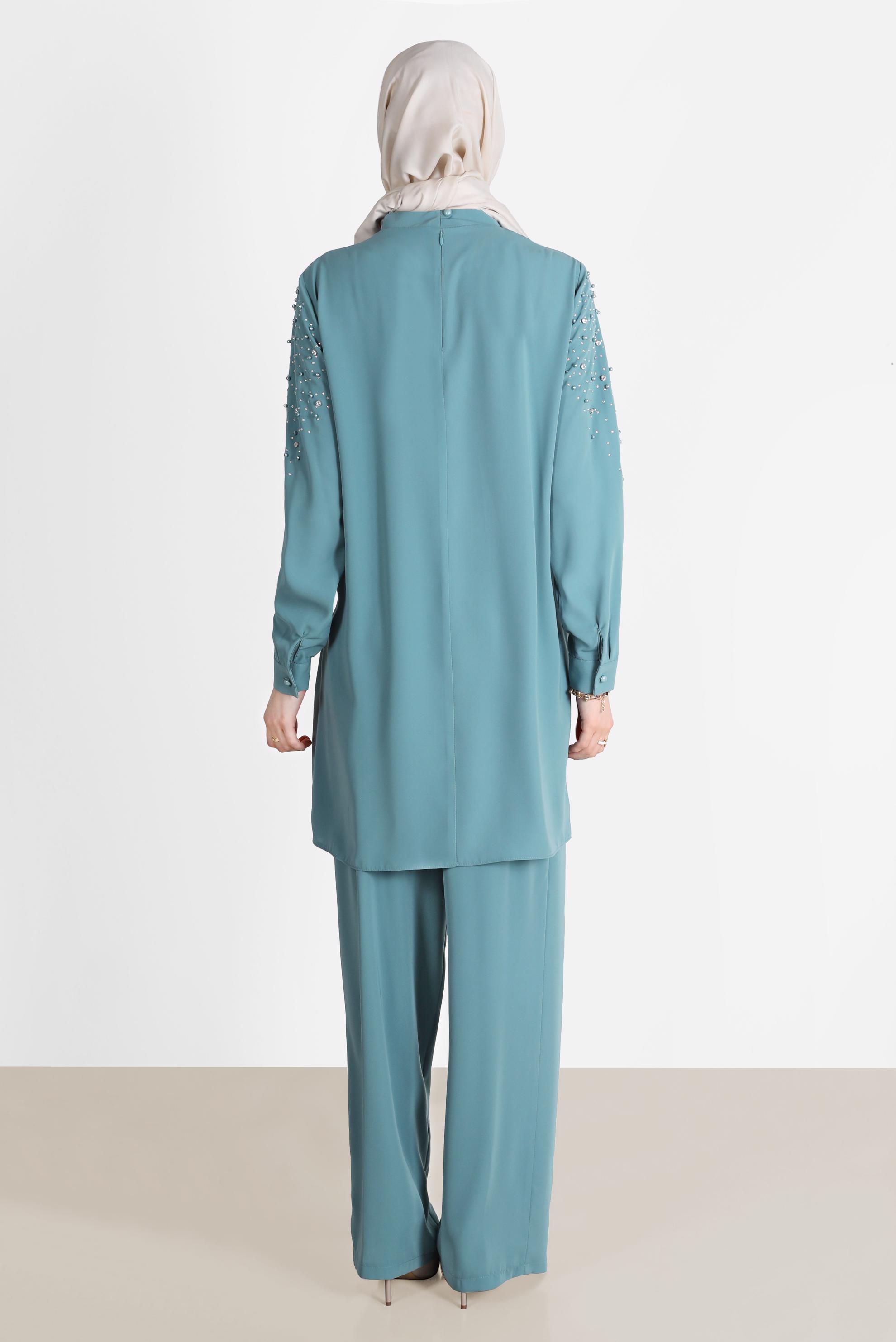 Tesettür giyim YEŞİL TAŞLI YAKASI BAĞLAMALI İKİLİ PANT.TAKIMI 42547