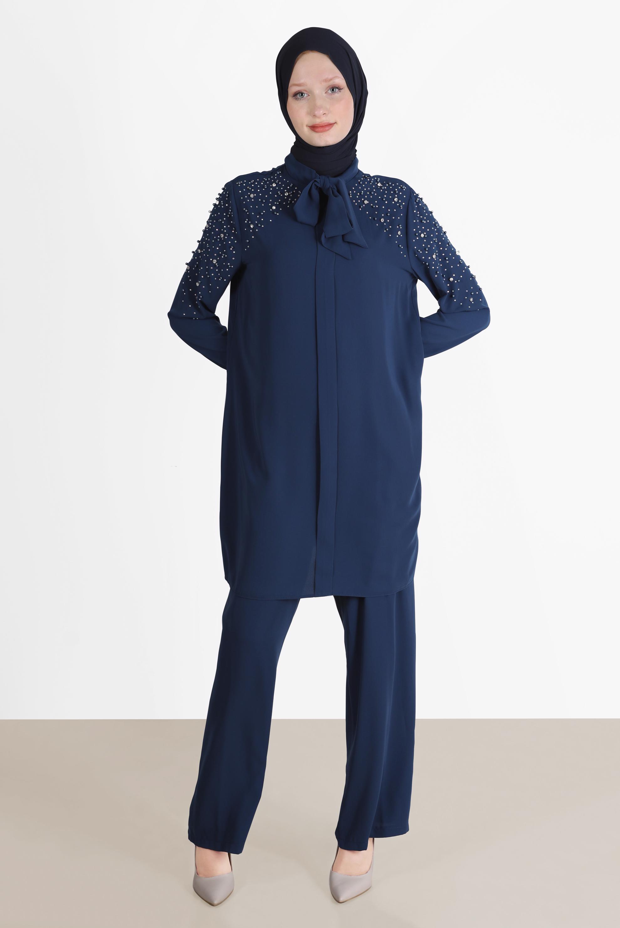 Tesettür giyim LACİVERT TAŞLI YAKASI BAĞLAMALI İKİLİ PANT.TAKIMI 42547
