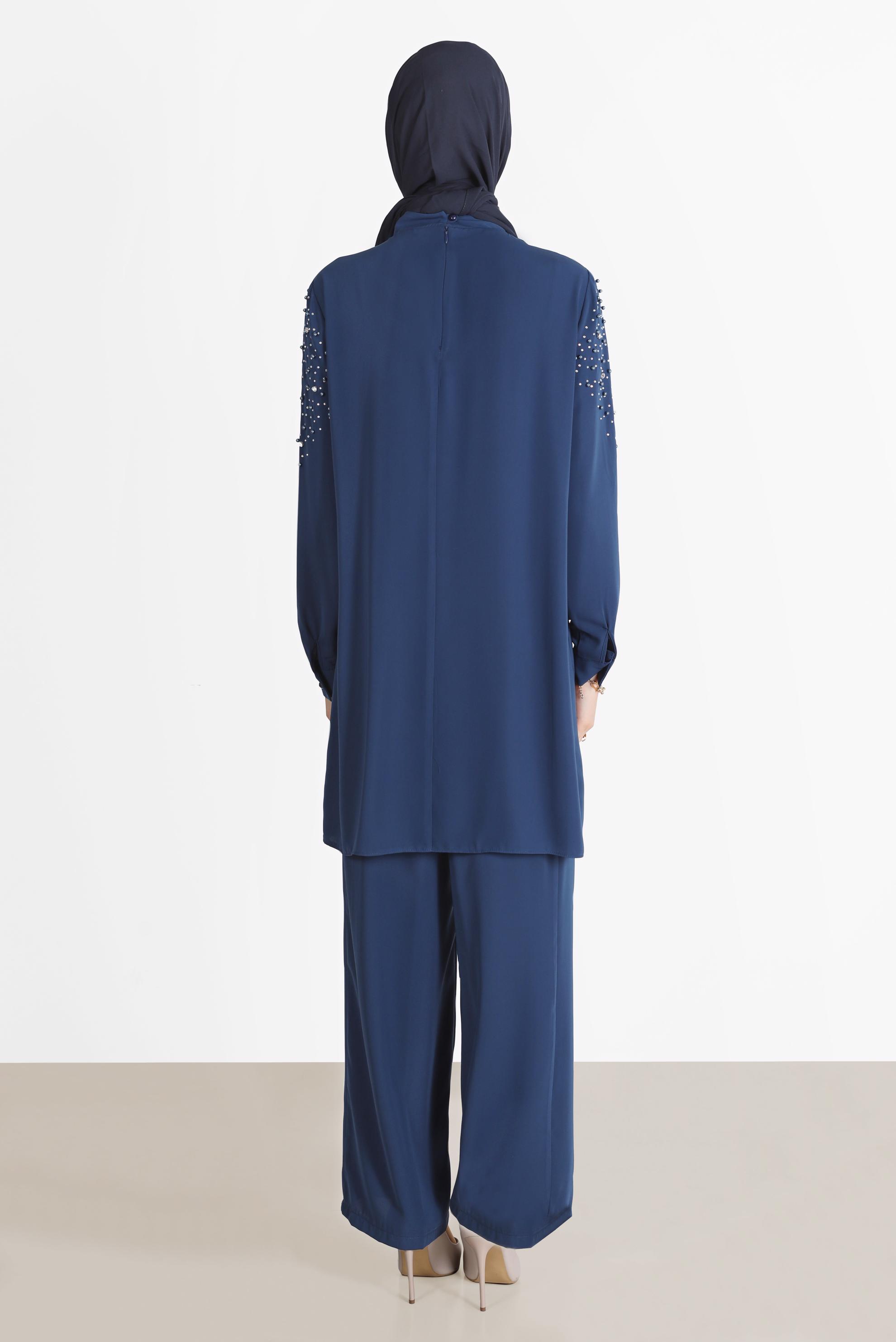 Tesettür giyim LACİVERT TAŞLI YAKASI BAĞLAMALI İKİLİ PANT.TAKIMI 42547