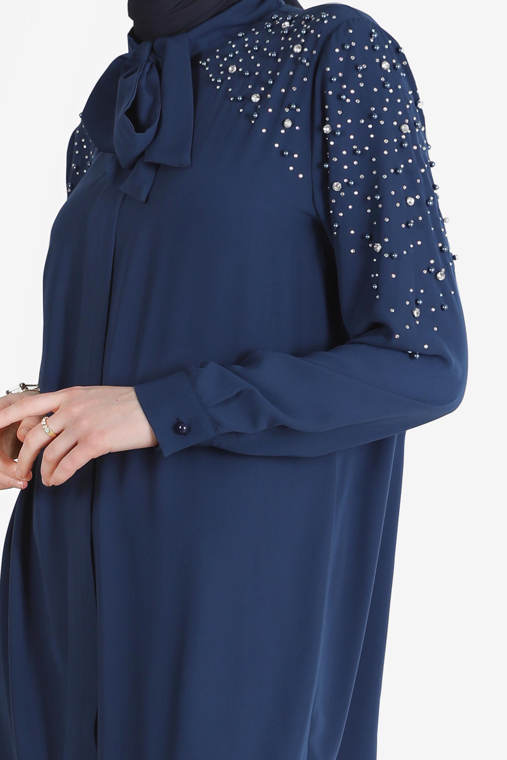 Tesettür giyim LACİVERT TAŞLI YAKASI BAĞLAMALI İKİLİ PANT.TAKIMI 42547