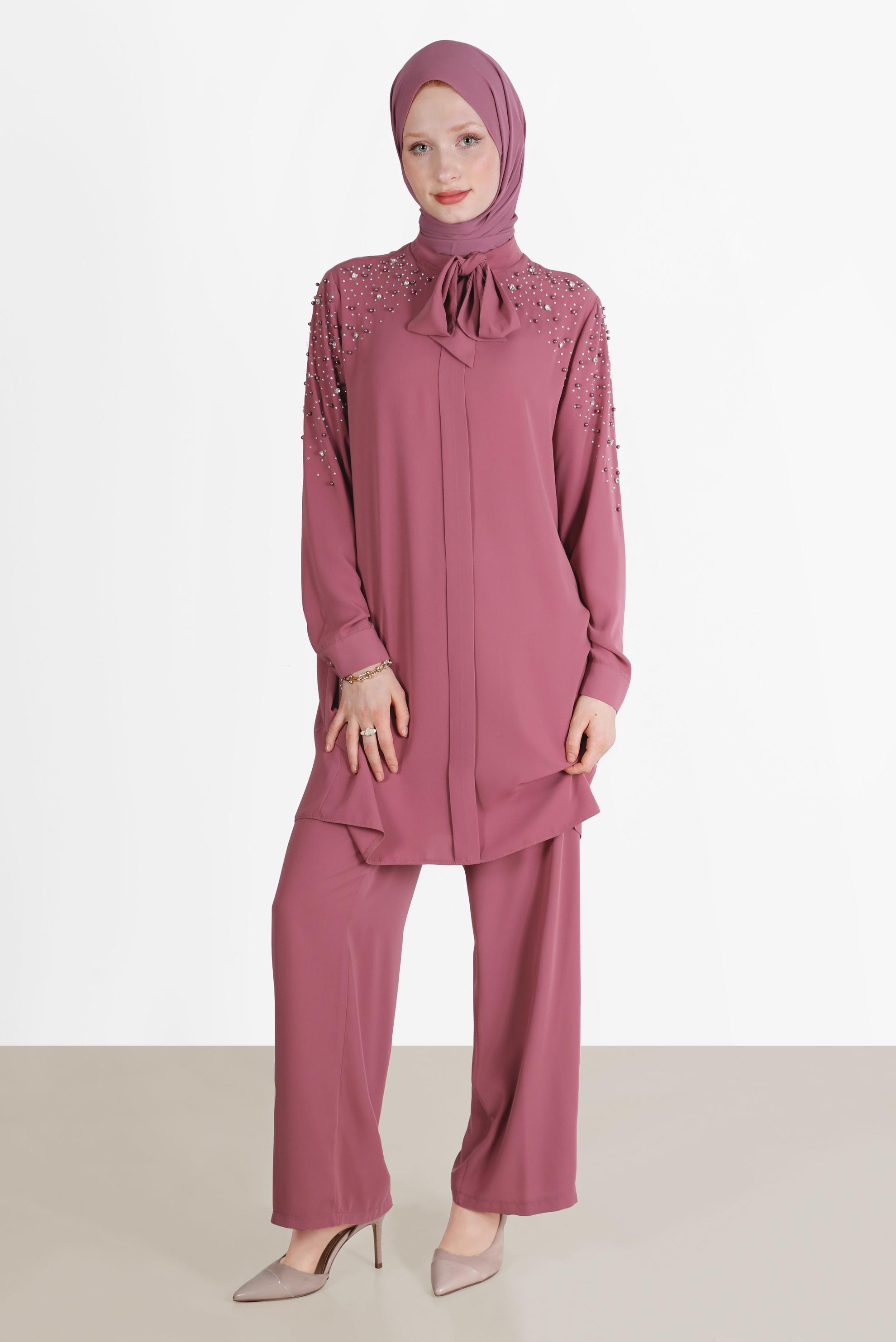 Tesettür giyim PEMBE TAŞLI YAKASI BAĞLAMALI İKİLİ PANT.TAKIMI 42547
