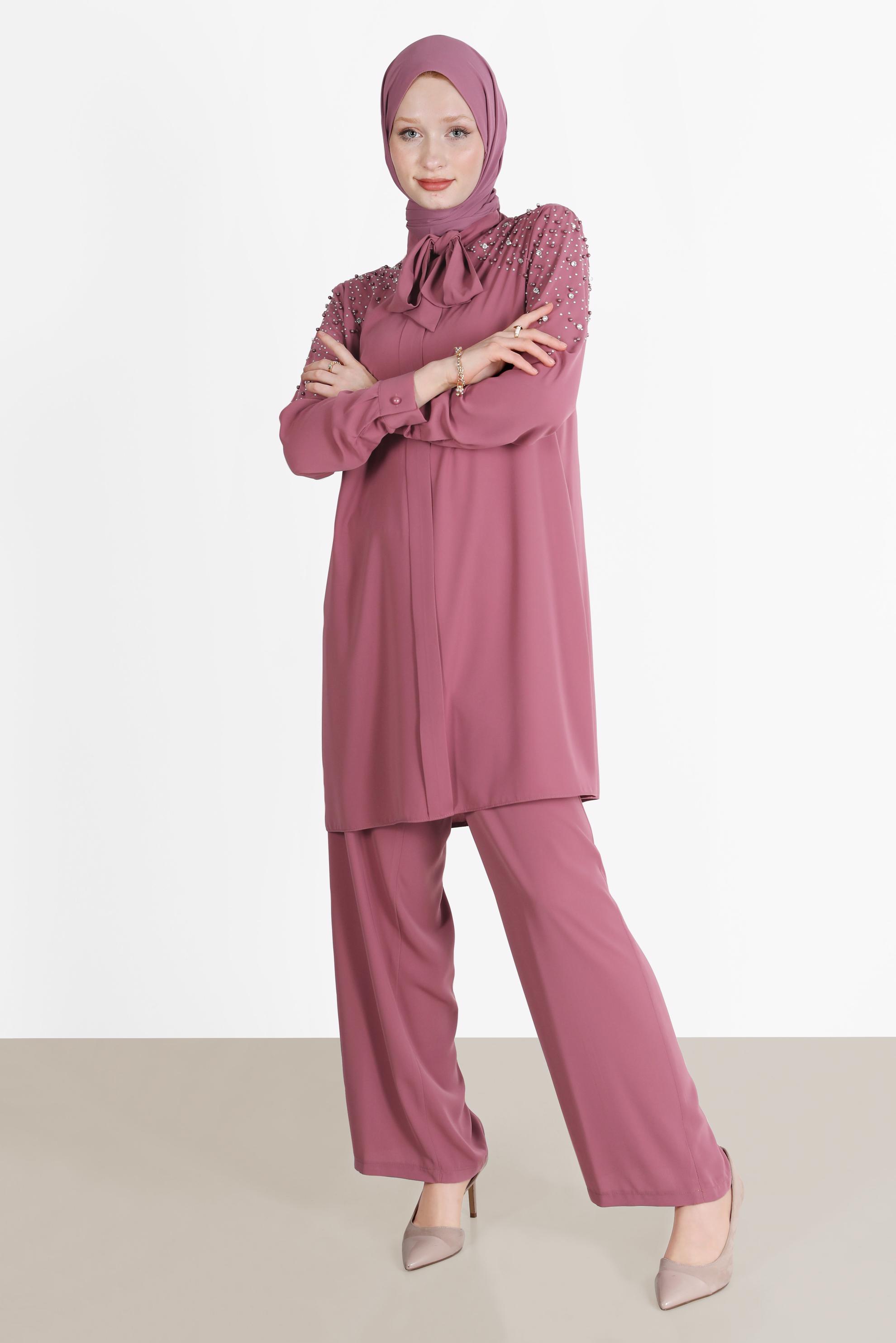 Tesettür giyim PEMBE TAŞLI YAKASI BAĞLAMALI İKİLİ PANT.TAKIMI 42547