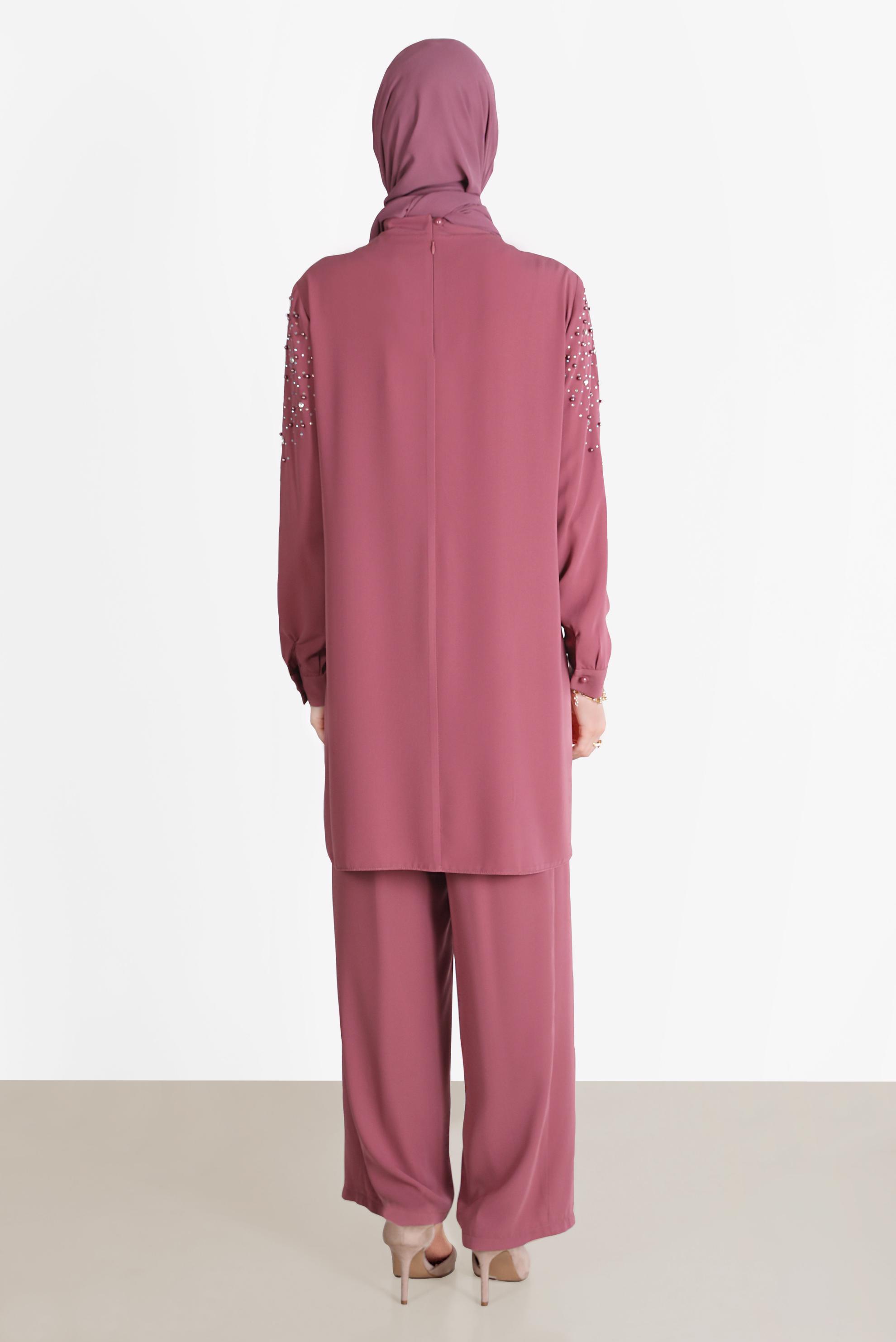 Tesettür giyim PEMBE TAŞLI YAKASI BAĞLAMALI İKİLİ PANT.TAKIMI 42547