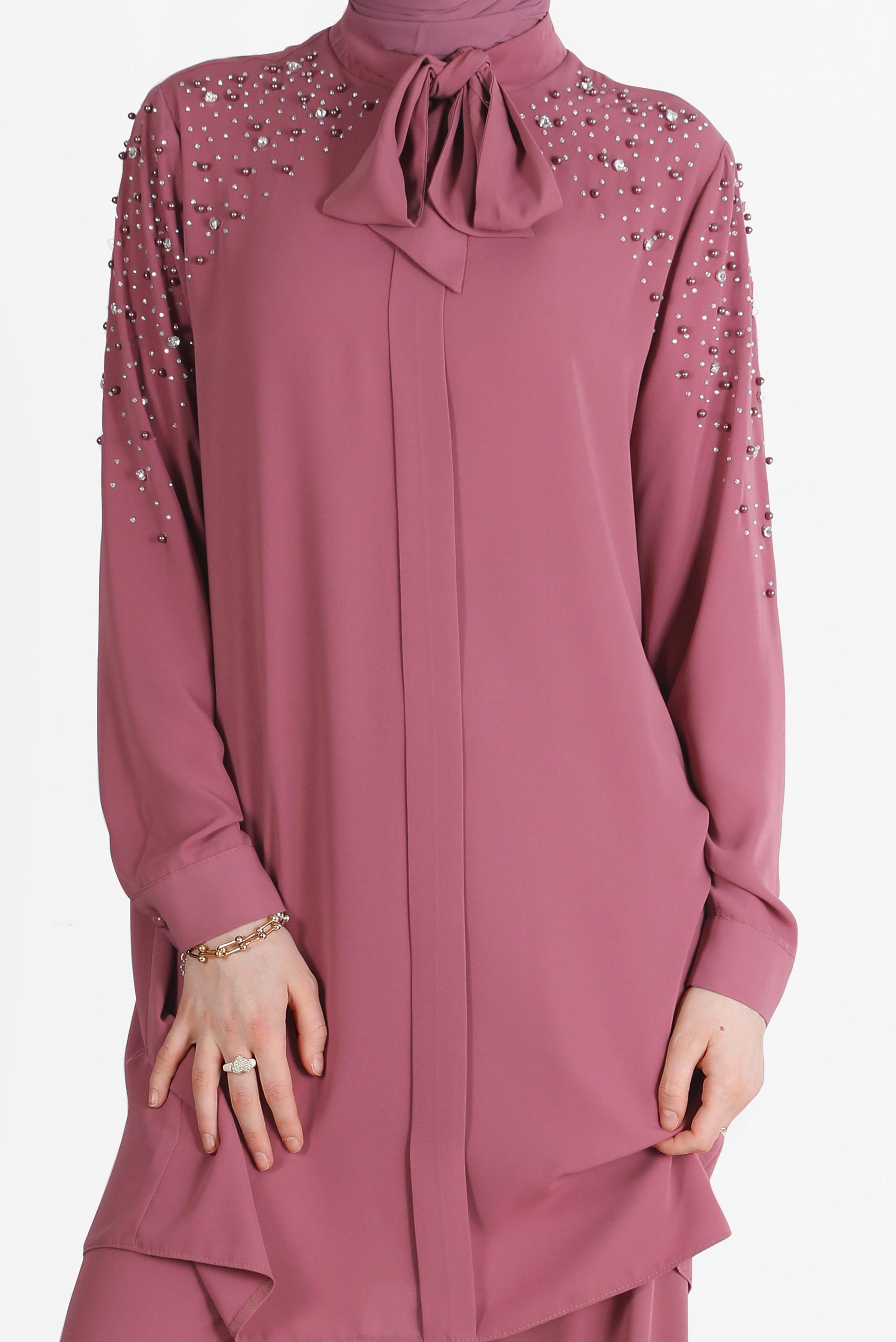 Tesettür giyim PEMBE TAŞLI YAKASI BAĞLAMALI İKİLİ PANT.TAKIMI 42547