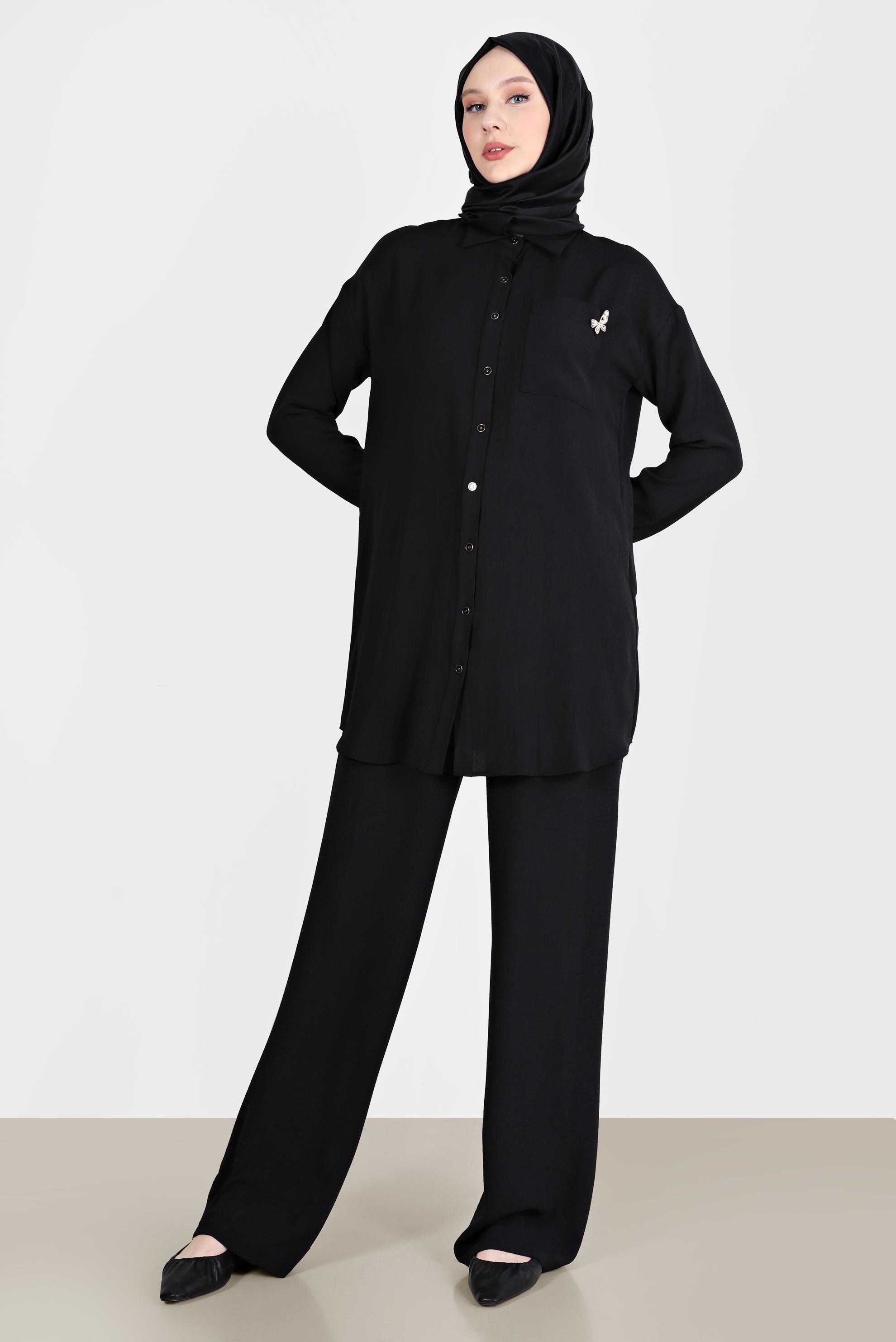 Tesettür giyim SİYAH BROŞ DETAYLI İKİLİ PANT. TAKIM 42548 