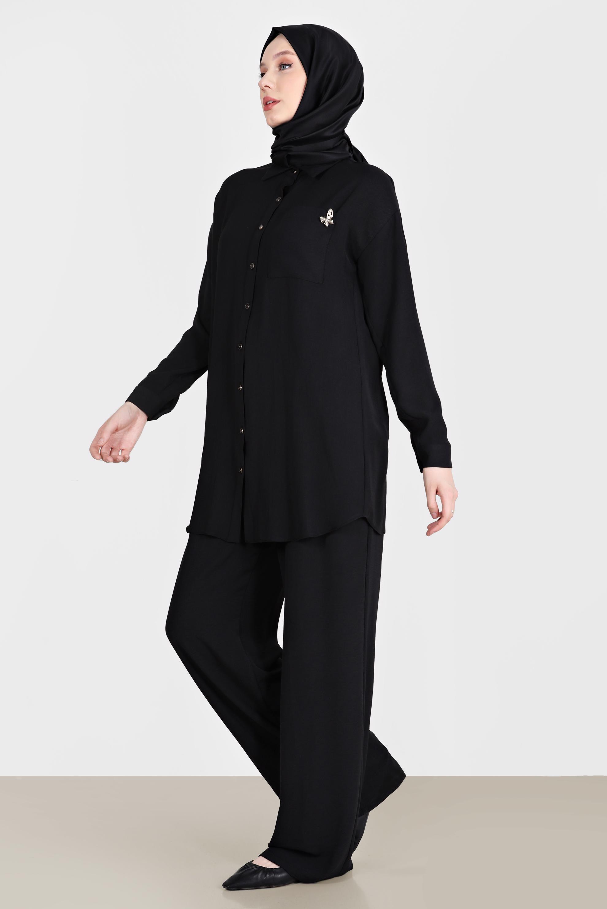 Tesettür giyim SİYAH BROŞ DETAYLI İKİLİ PANT. TAKIM 42548 